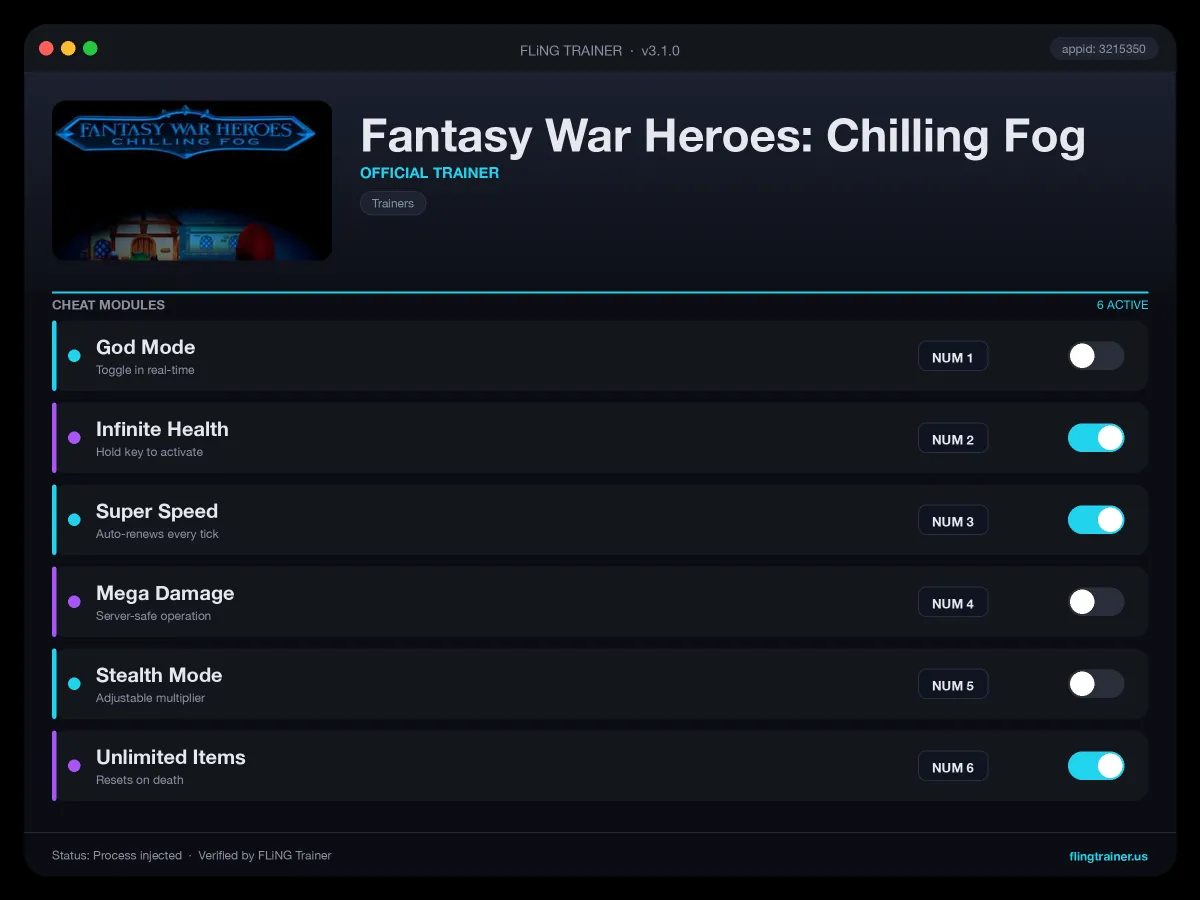 Fantasy War Heroes: Chilling Fog Trainer interface