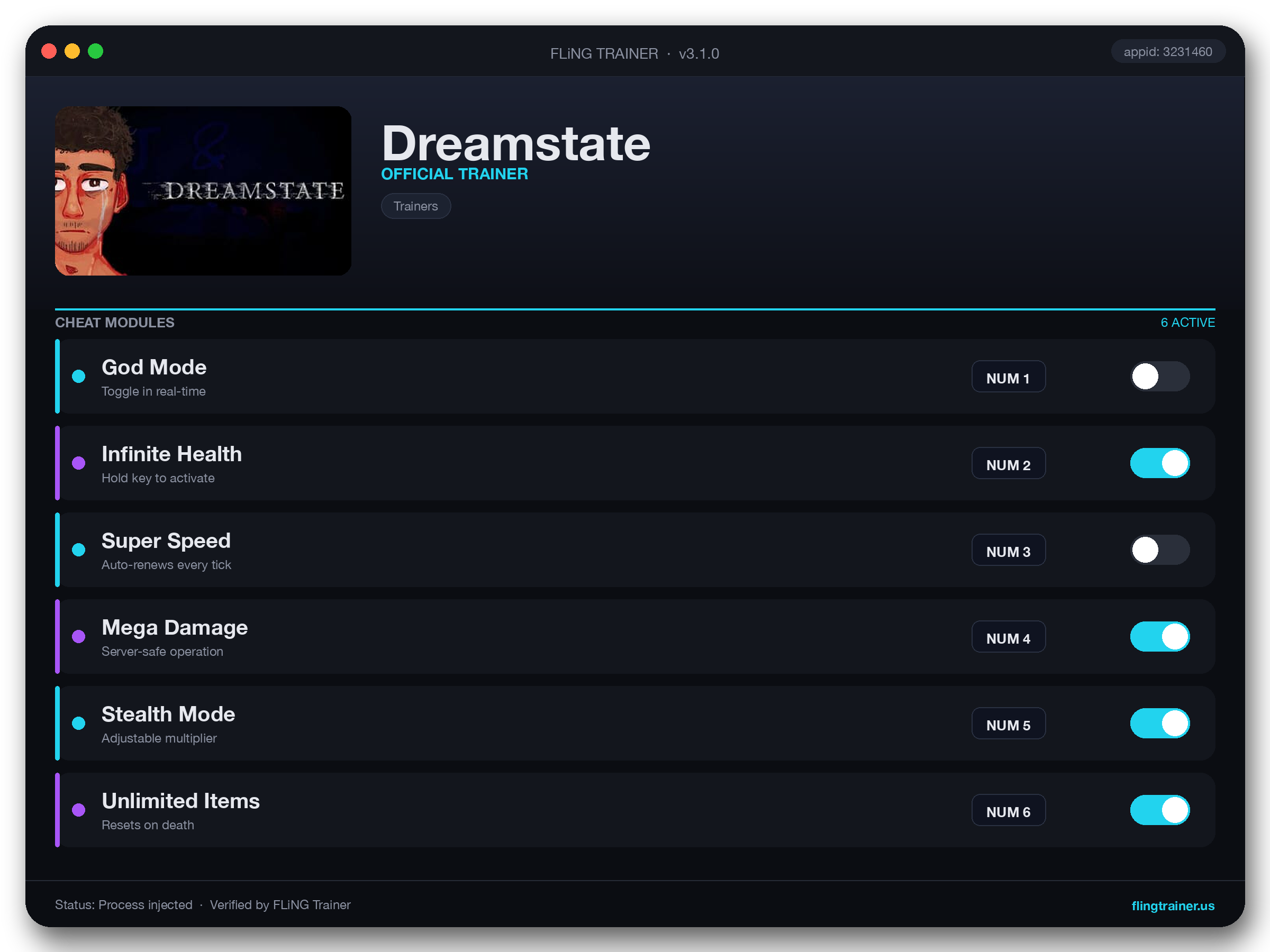 Dreamstate Trainer interface
