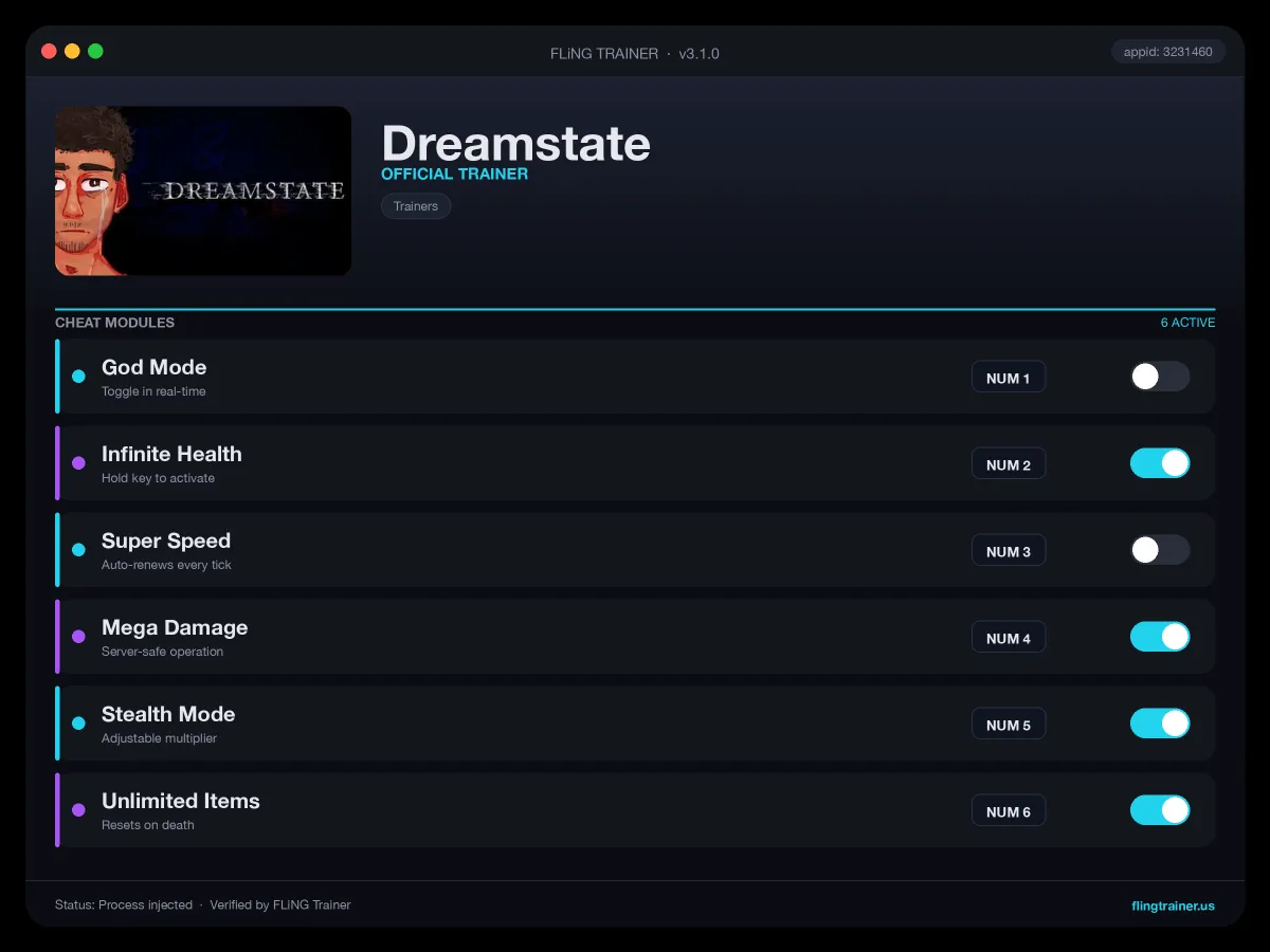 Dreamstate Trainer interface