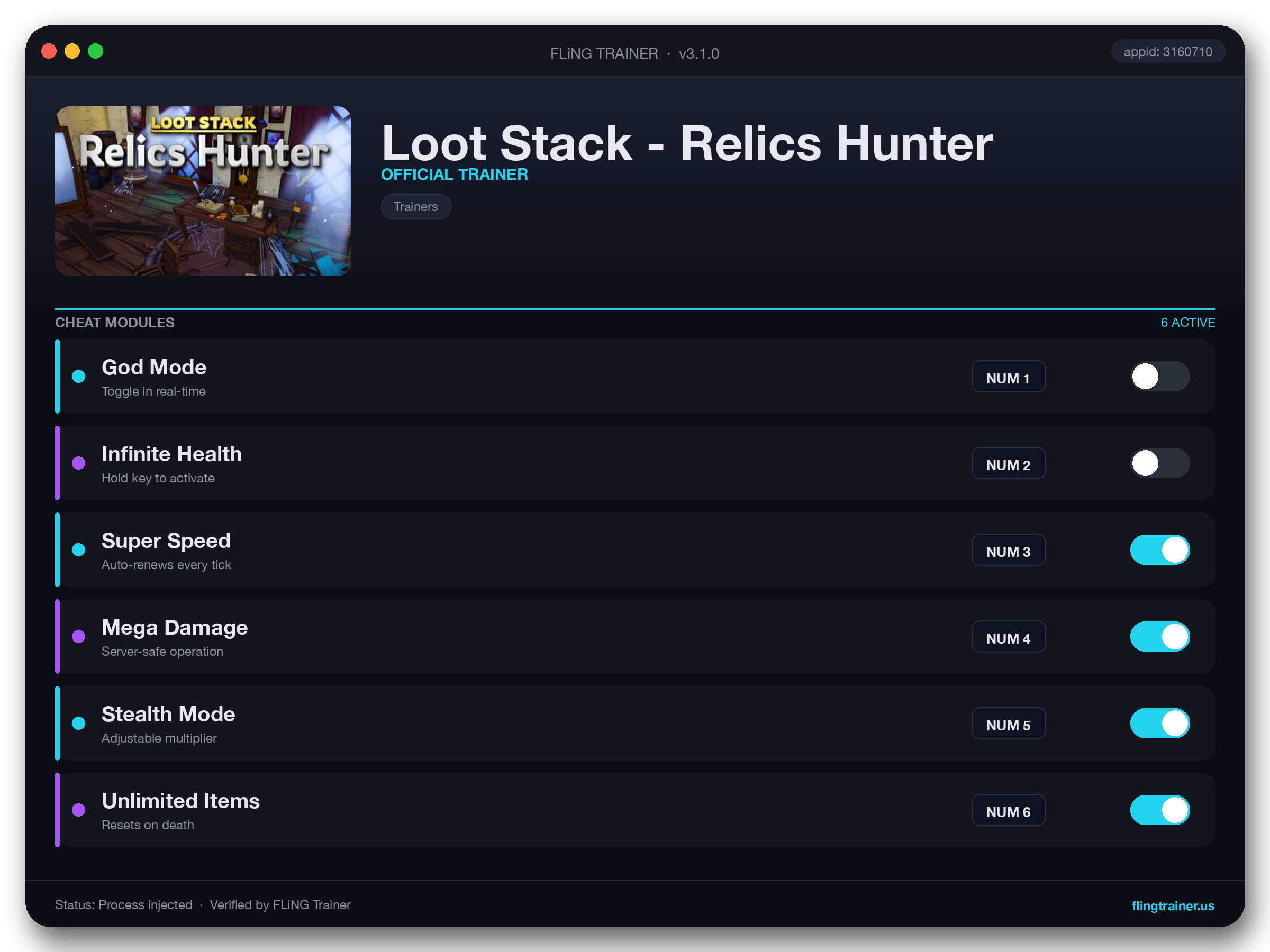 Loot Stack - Relics Hunter Trainer interface