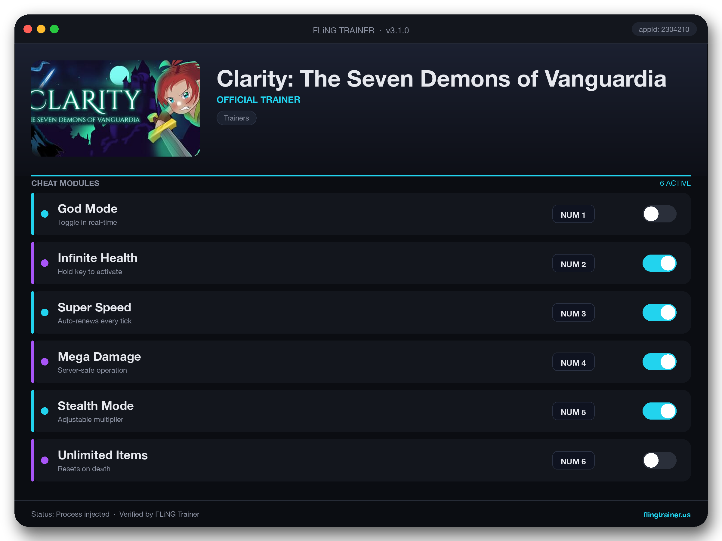 Clarity: The Seven Demons of Vanguardia Trainer interface