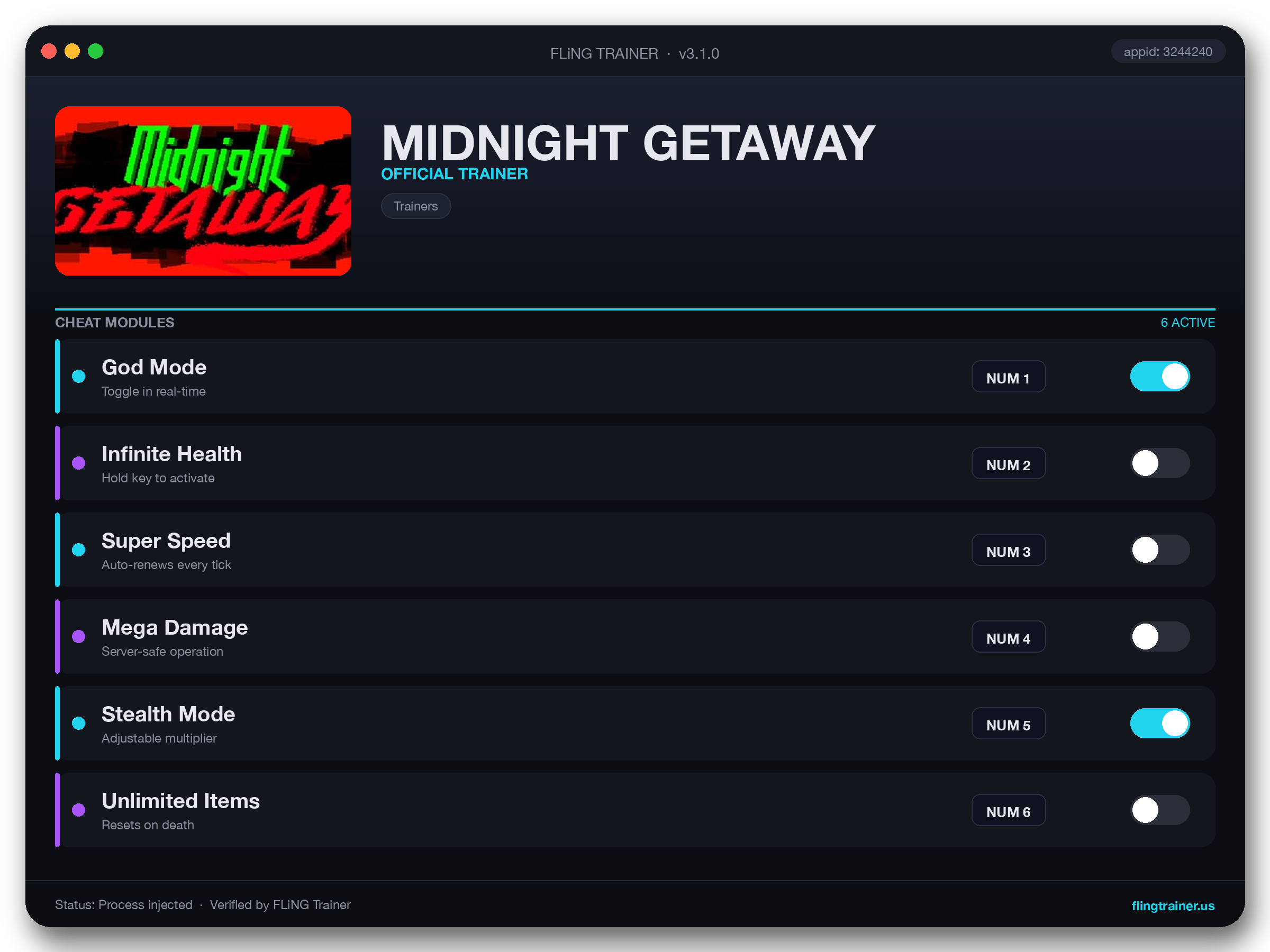 MIDNIGHT GETAWAY Trainer interface