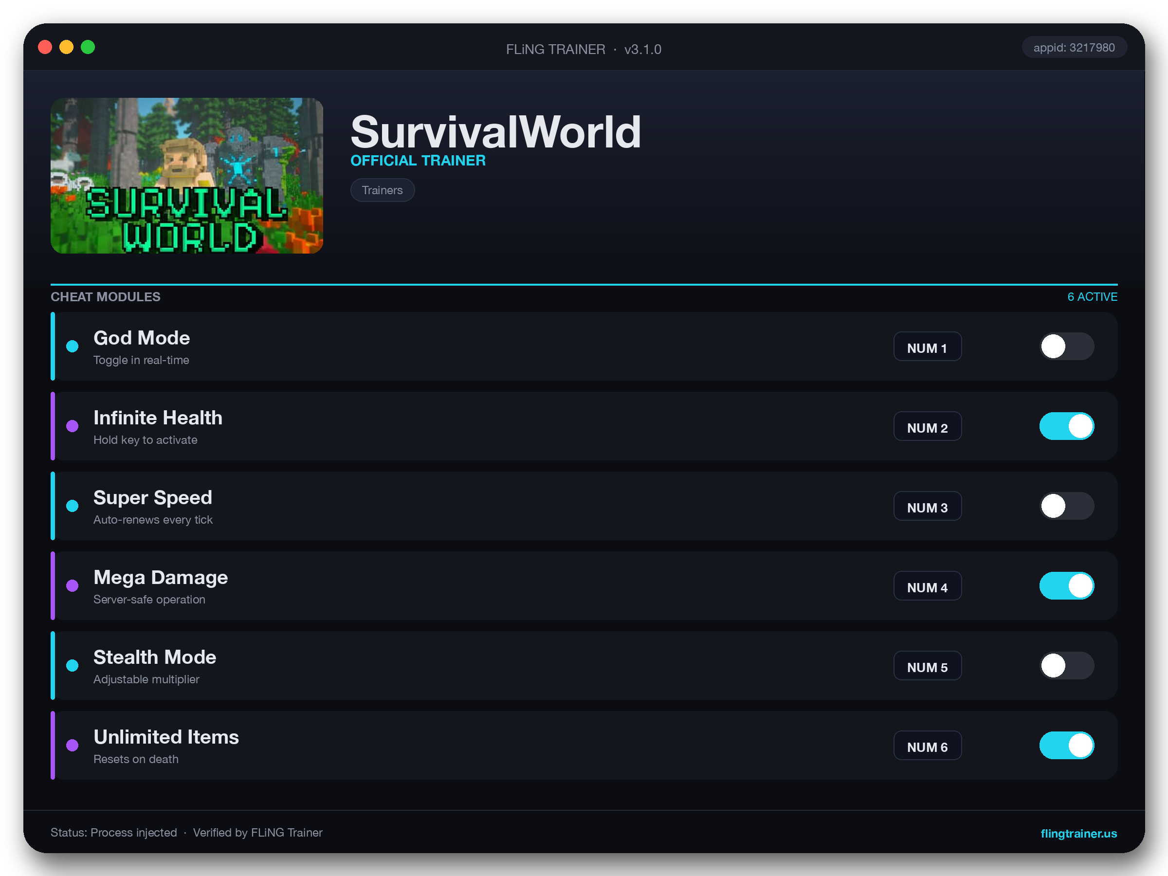 SurvivalWorld Trainer interface