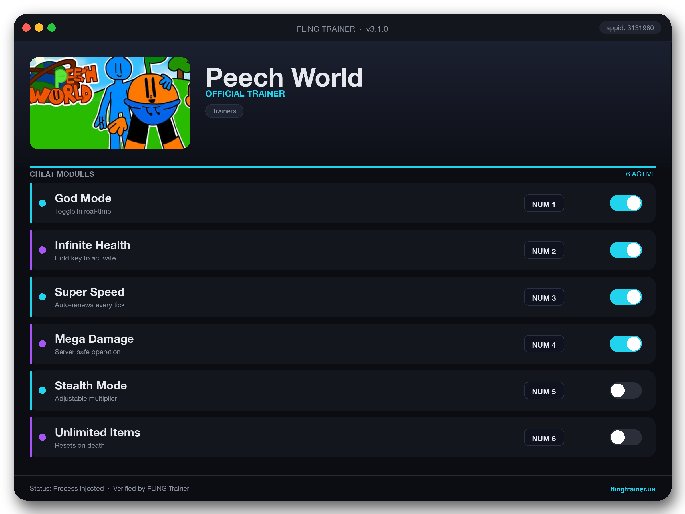 Peech World Trainer interface