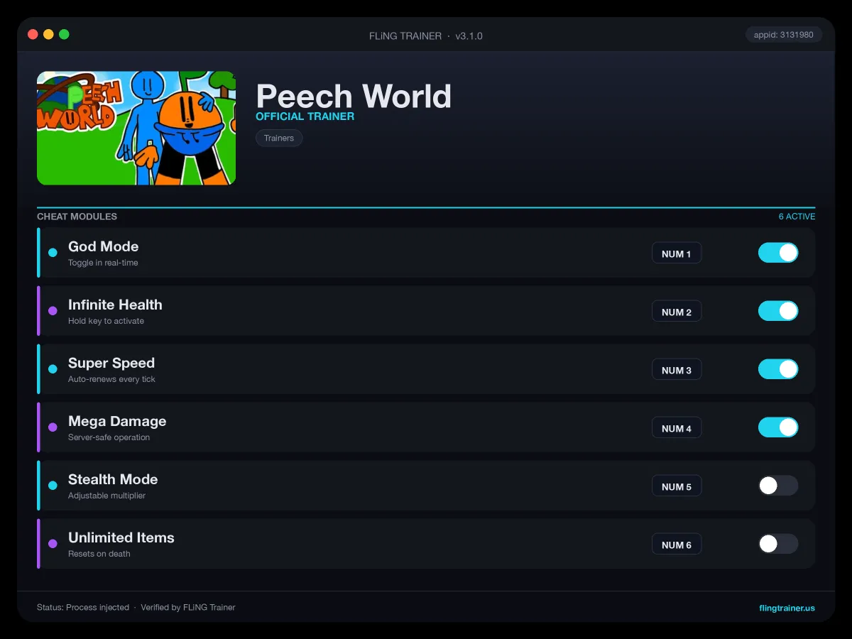 Peech World Trainer interface