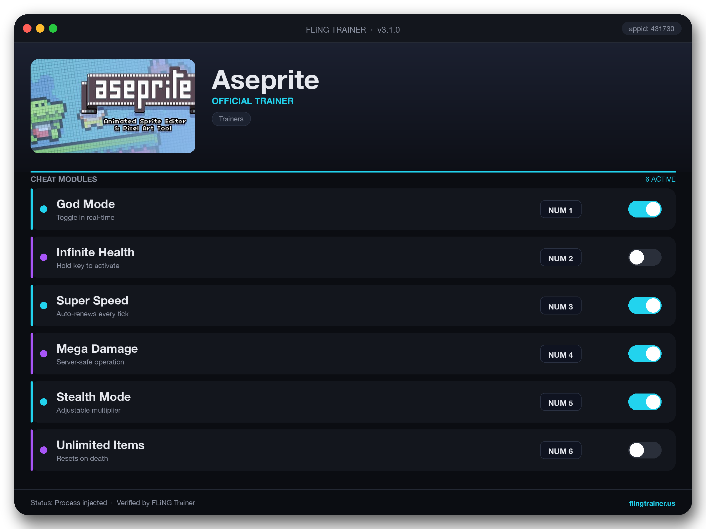 Aseprite Trainer interface