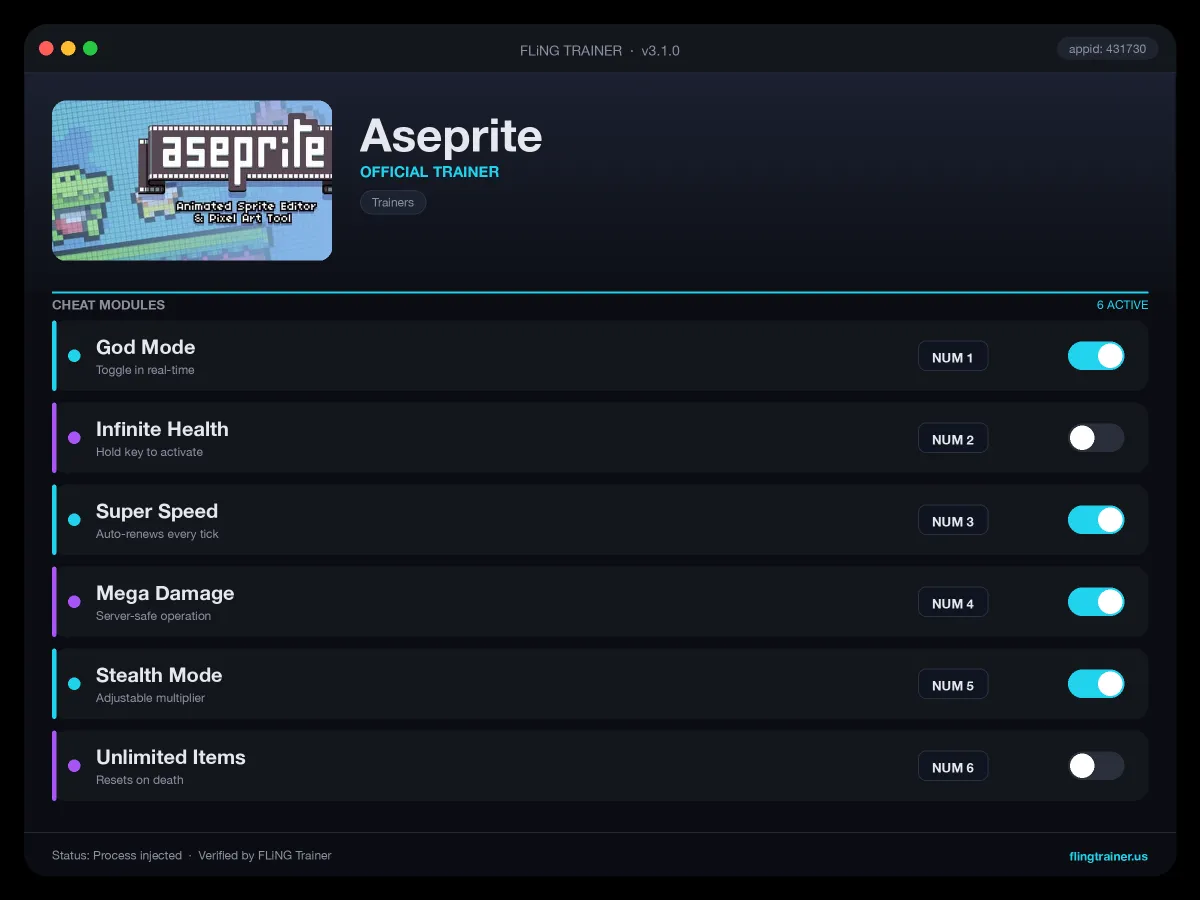 Aseprite Trainer interface