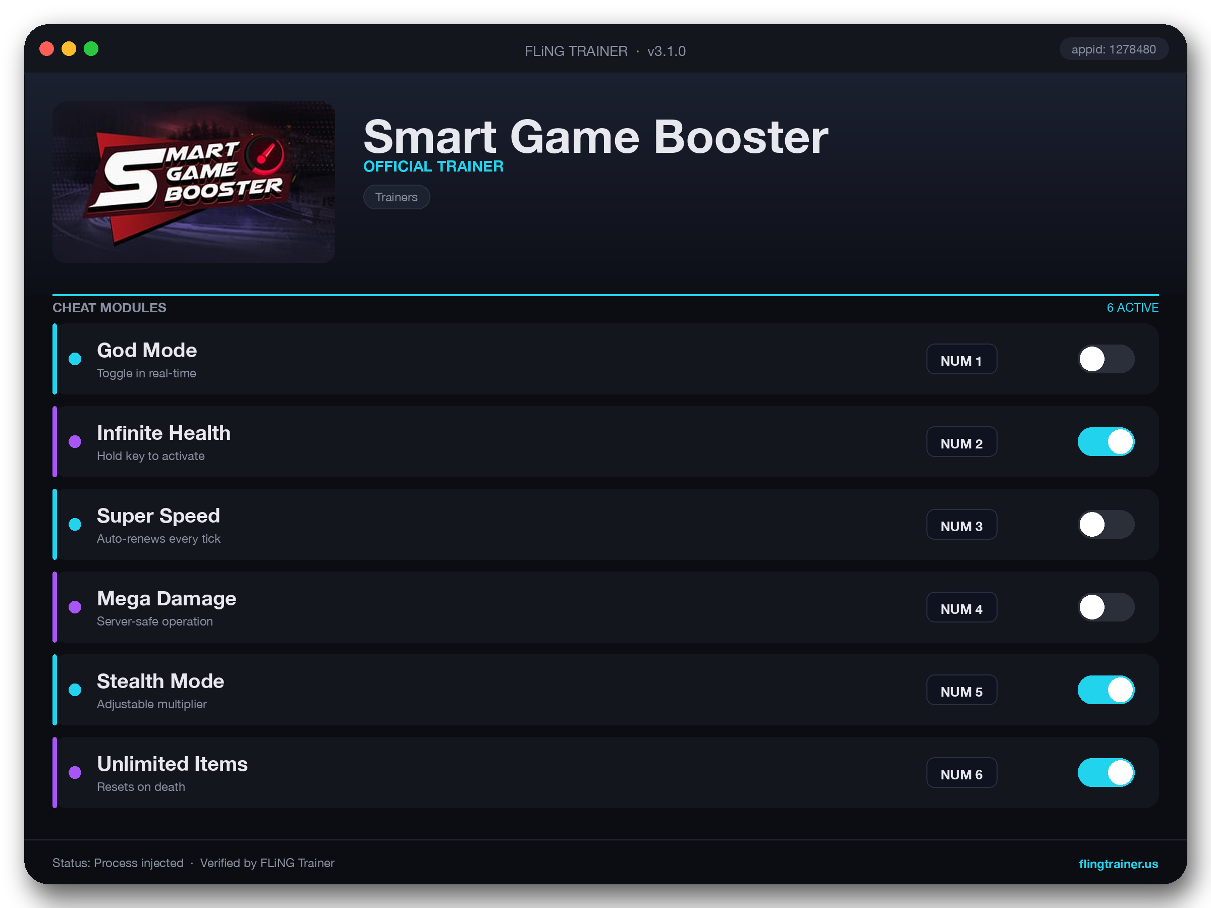 Smart Game Booster Trainer interface