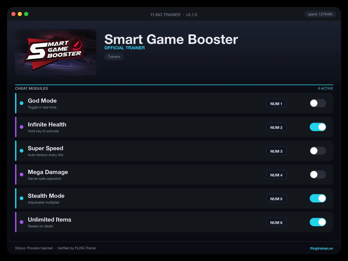 Smart Game Booster Trainer interface