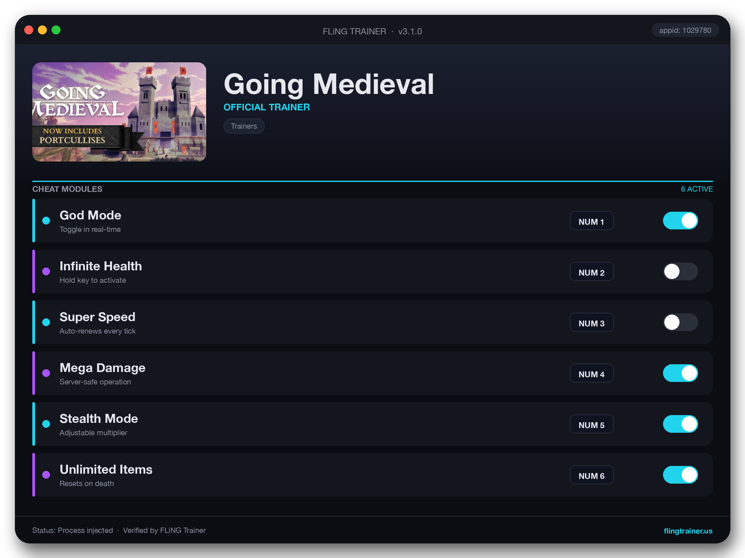 Going Medieval Trainer interface