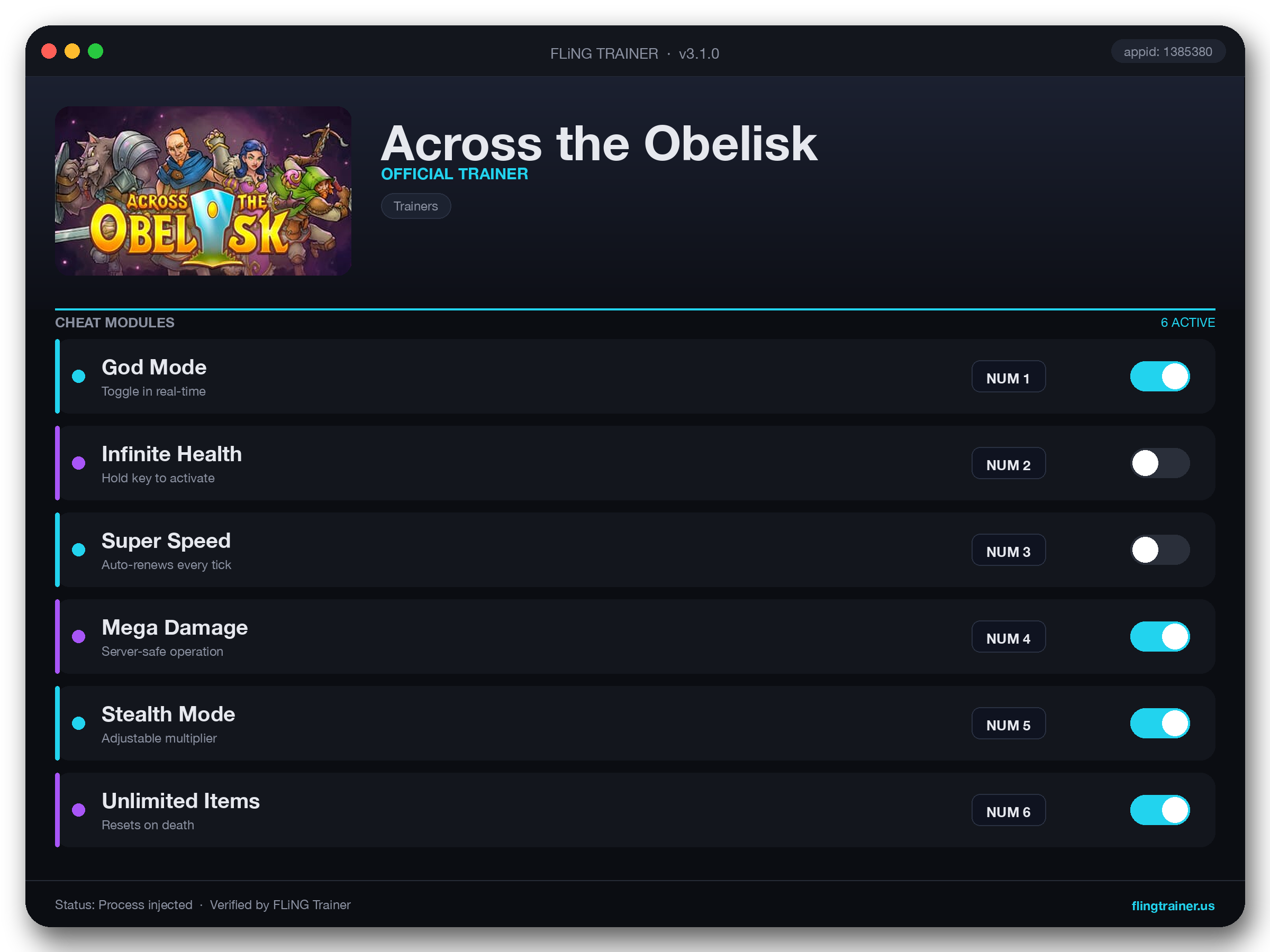 Across the Obelisk Trainer interface