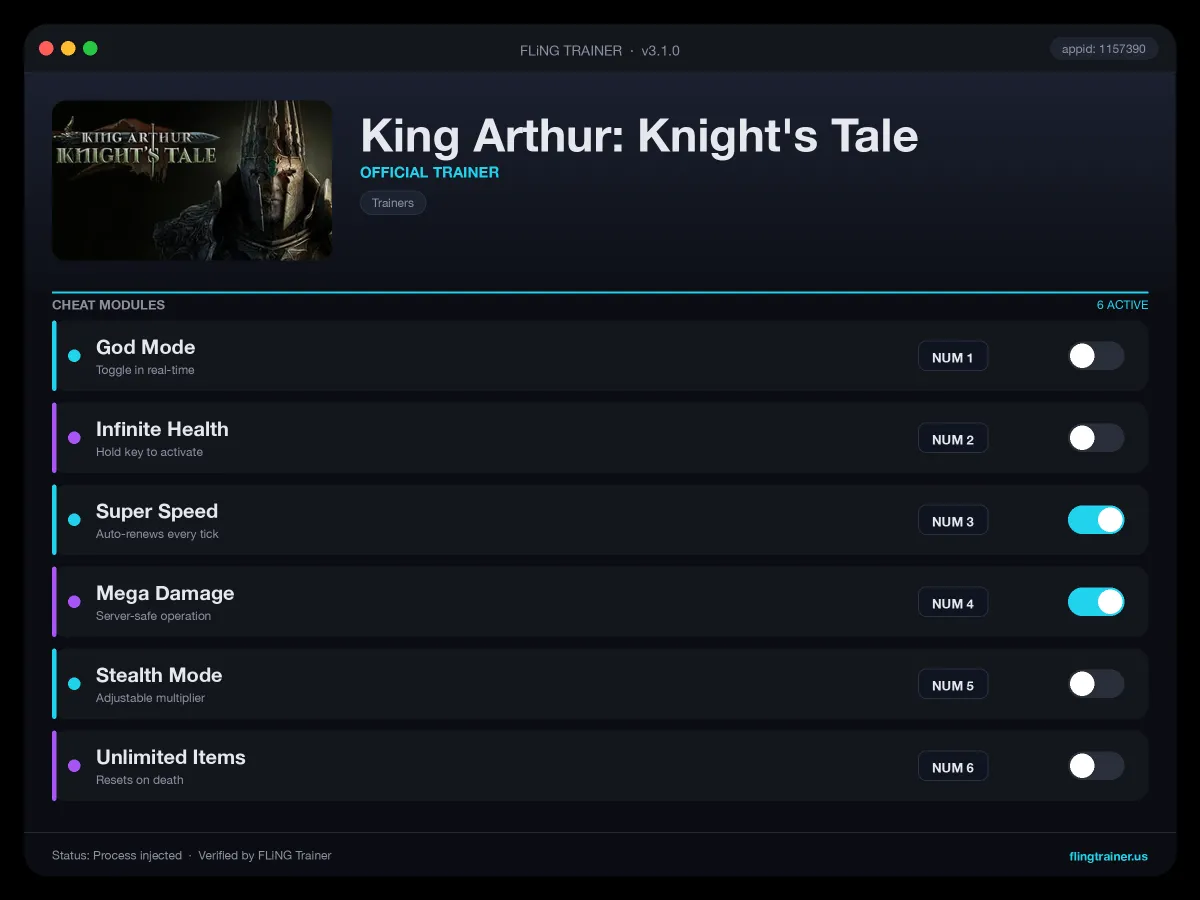 King Arthur: Knight's Tale Trainer interface