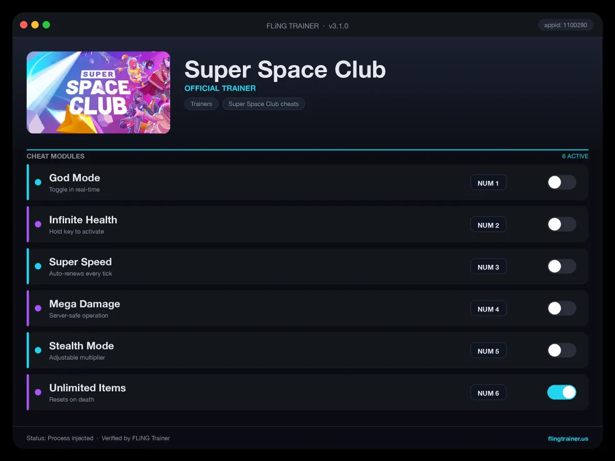Super Space Club Trainer interface