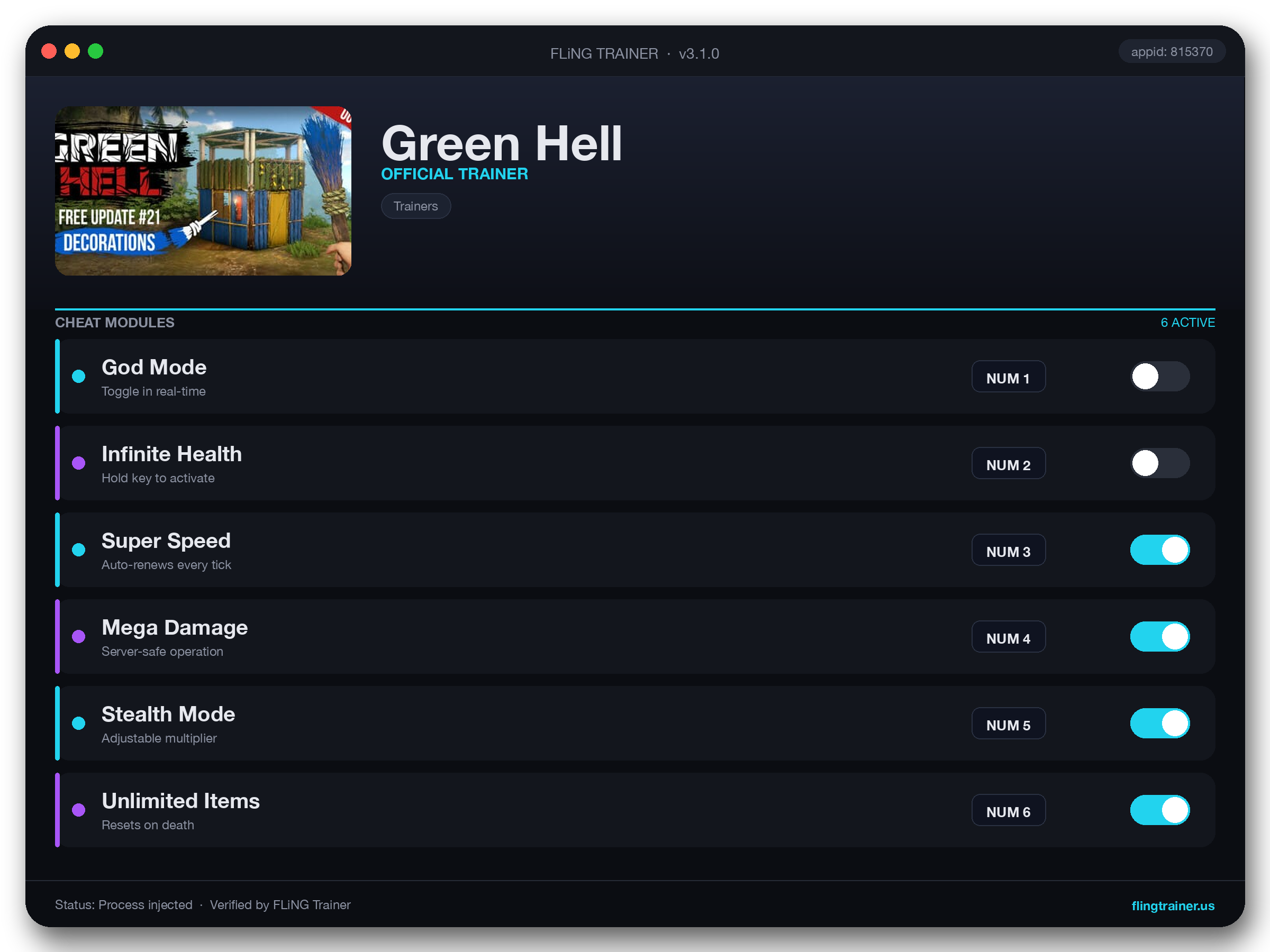 Green Hell Trainer interface