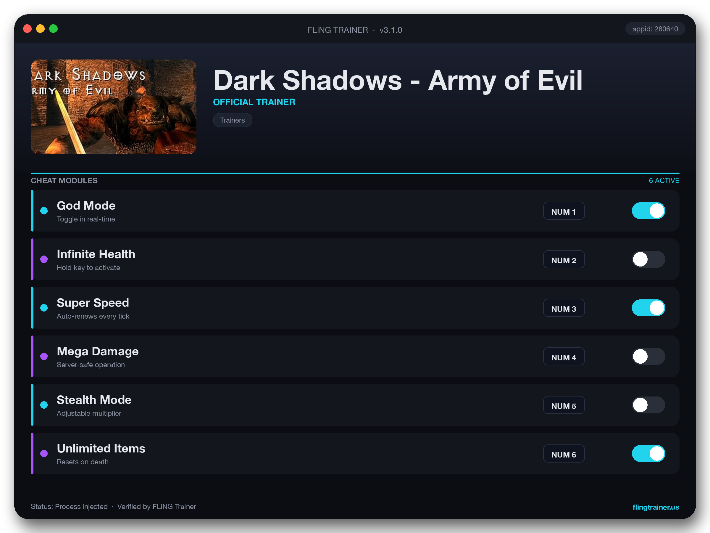 Dark Shadows - Army of Evil Trainer interface