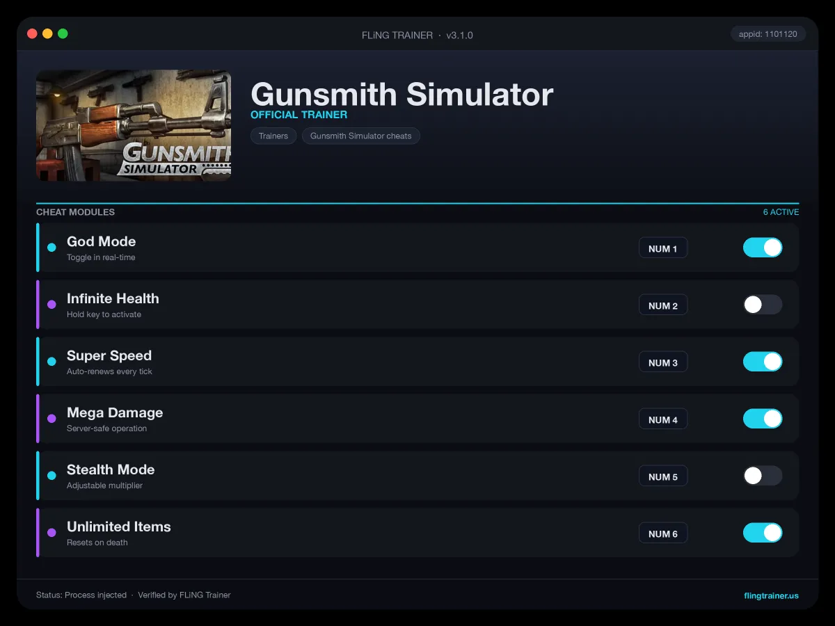 Gunsmith Simulator Trainer interface