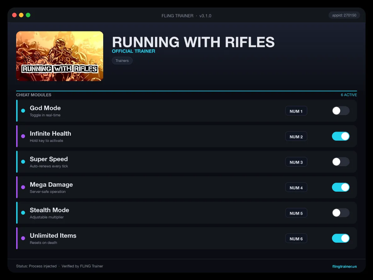 RUNNING WITH RIFLES Trainer interface