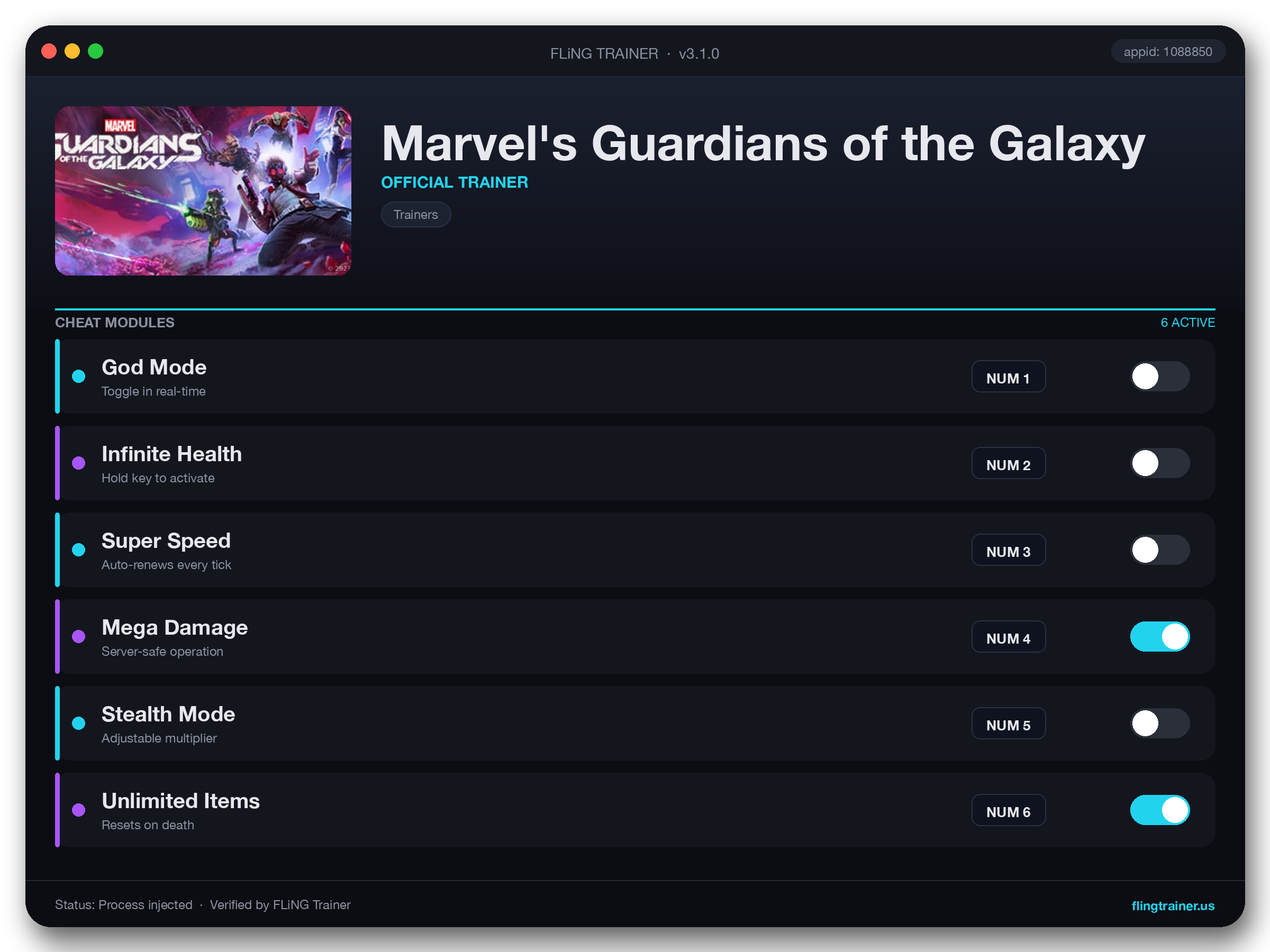 Marvel's Guardians of the Galaxy Trainer interface
