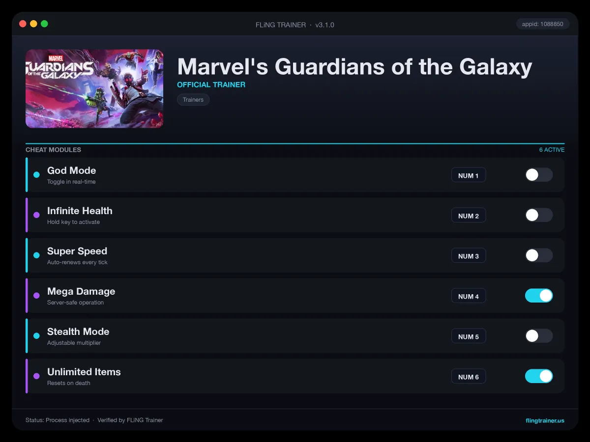 Marvel's Guardians of the Galaxy Trainer interface