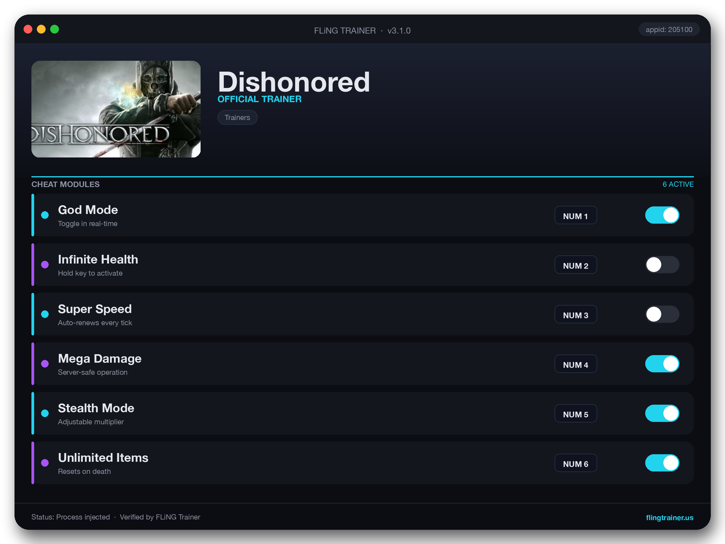 Dishonored Trainer interface