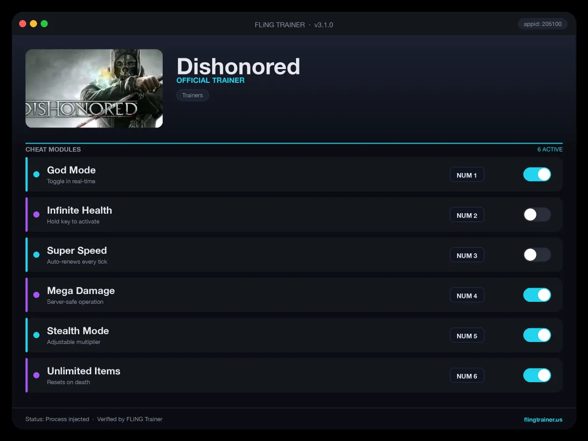 Dishonored Trainer interface
