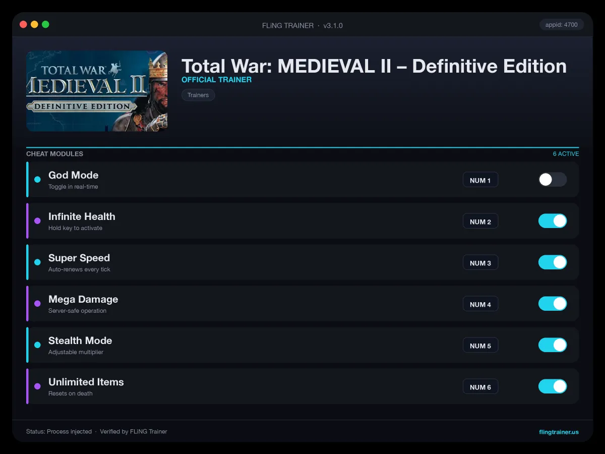 Total War: MEDIEVAL II – Definitive Edition Trainer interface