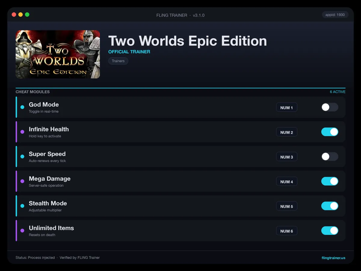 Two Worlds Epic Edition Trainer interface