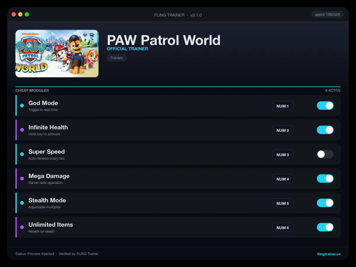 PAW Patrol World Trainer interface