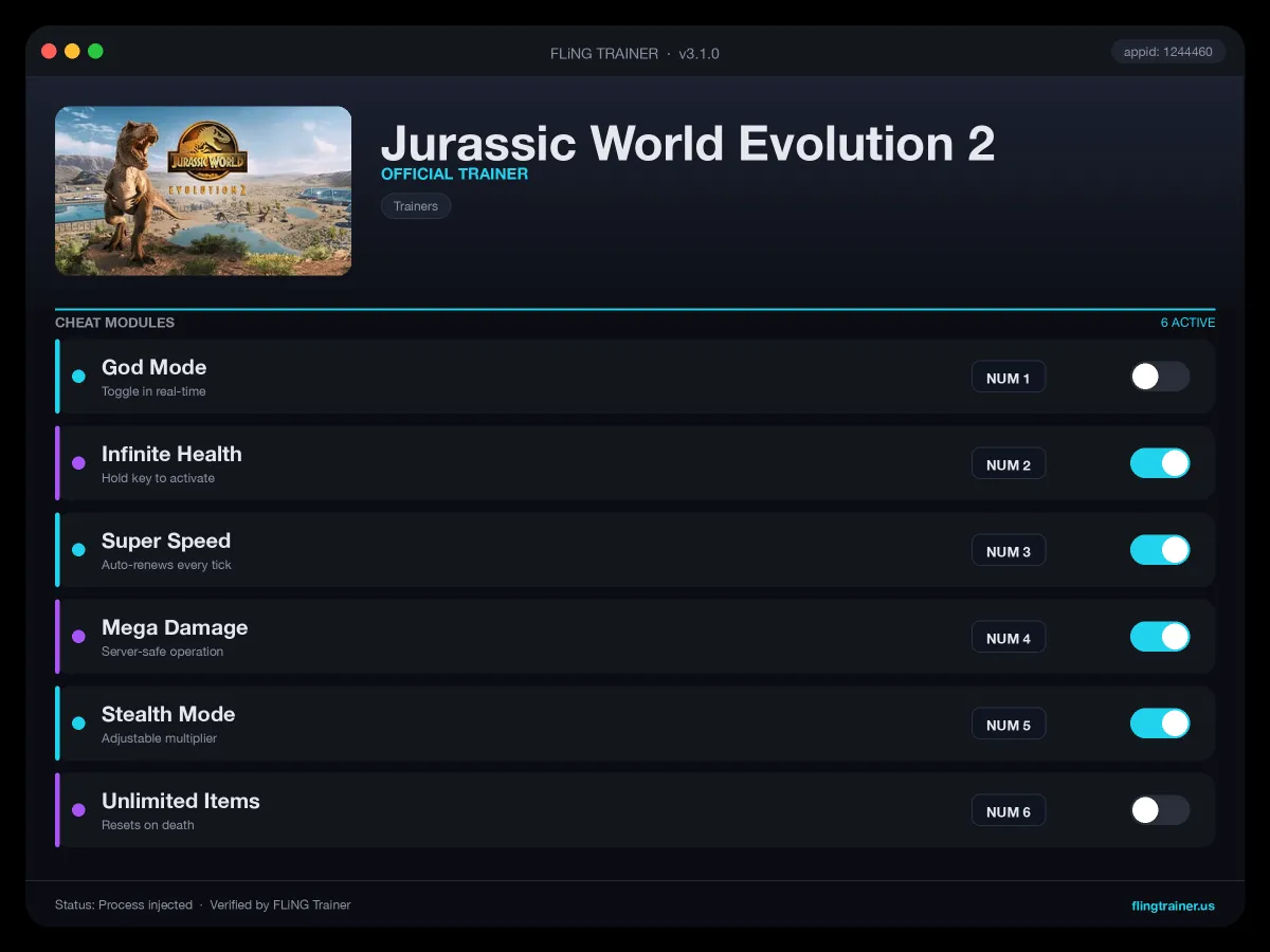 Jurassic World Evolution 2 Trainer interface