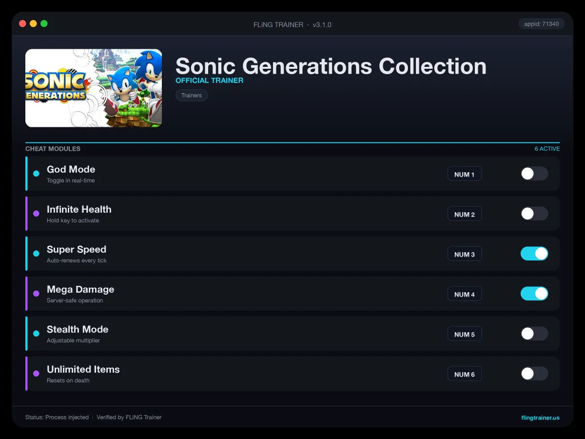 Sonic Generations Collection Trainer interface