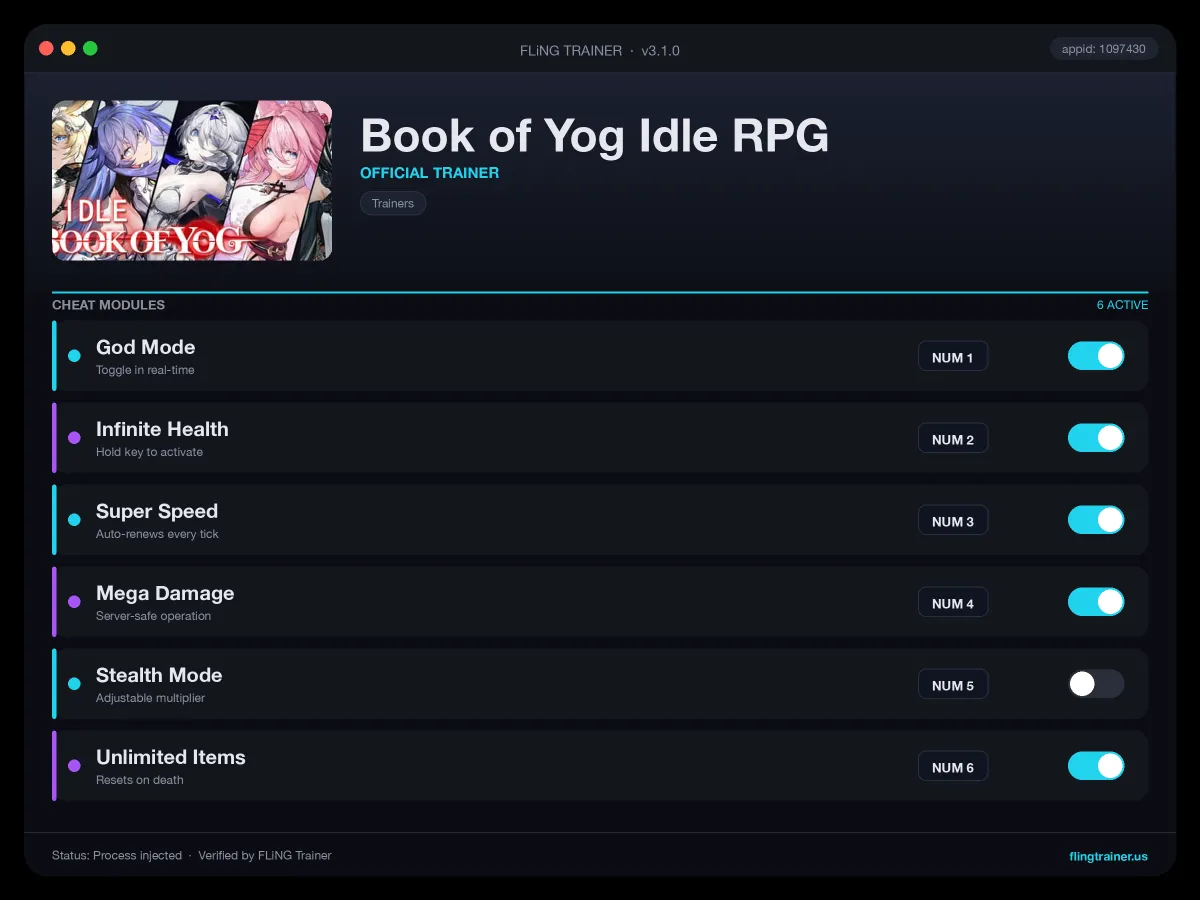 Book of Yog Idle RPG Trainer interface