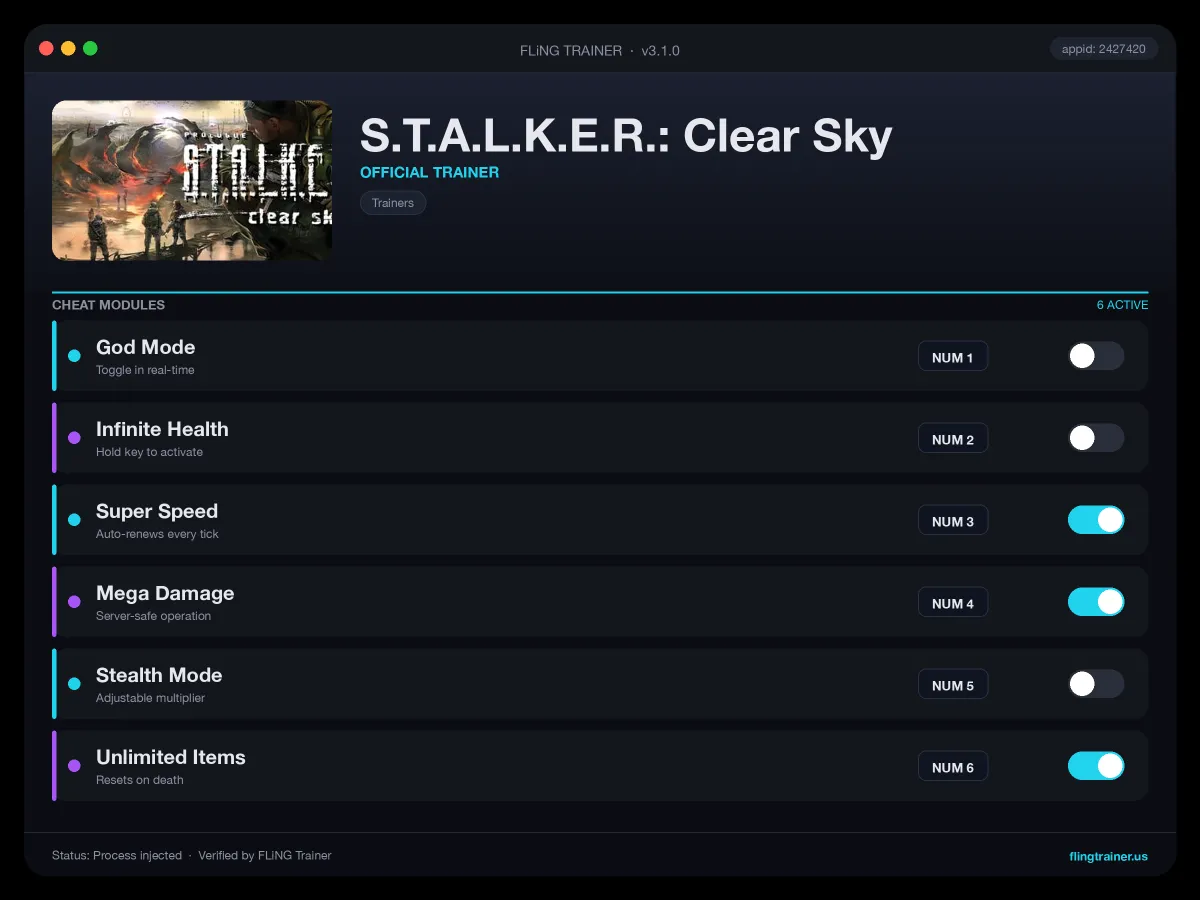 S.T.A.L.K.E.R.: Clear Sky Trainer interface