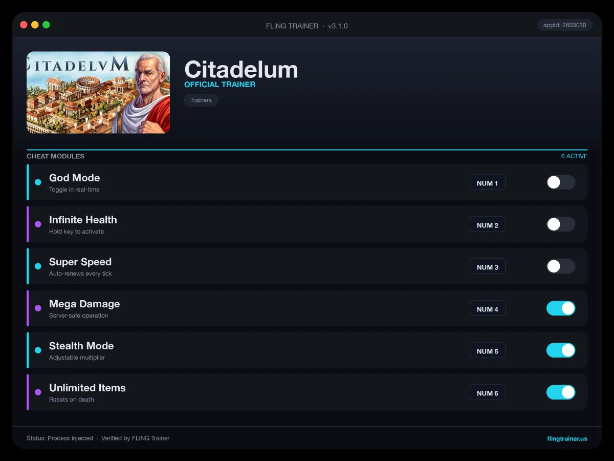 Citadelum Trainer interface