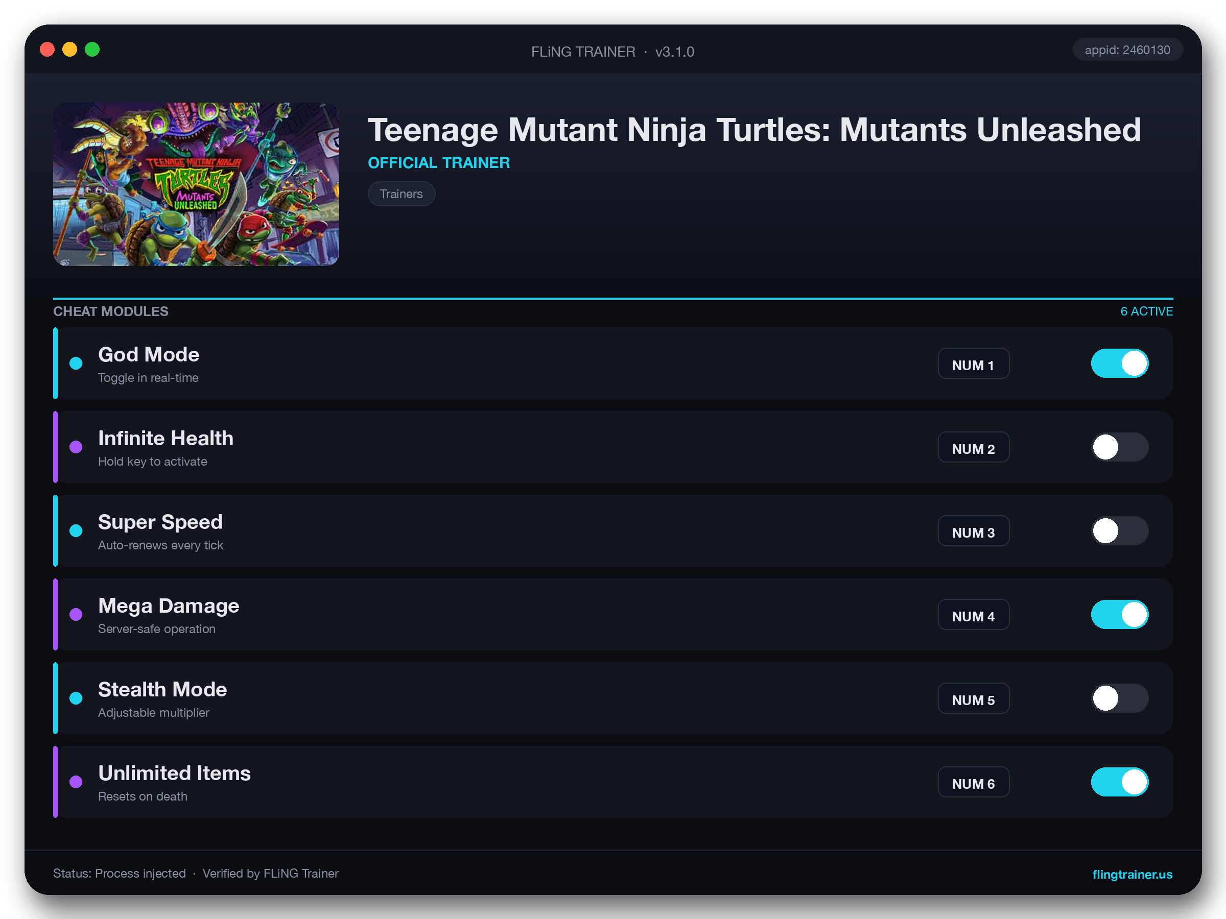 Teenage Mutant Ninja Turtles: Mutants Unleashed Trainer interface