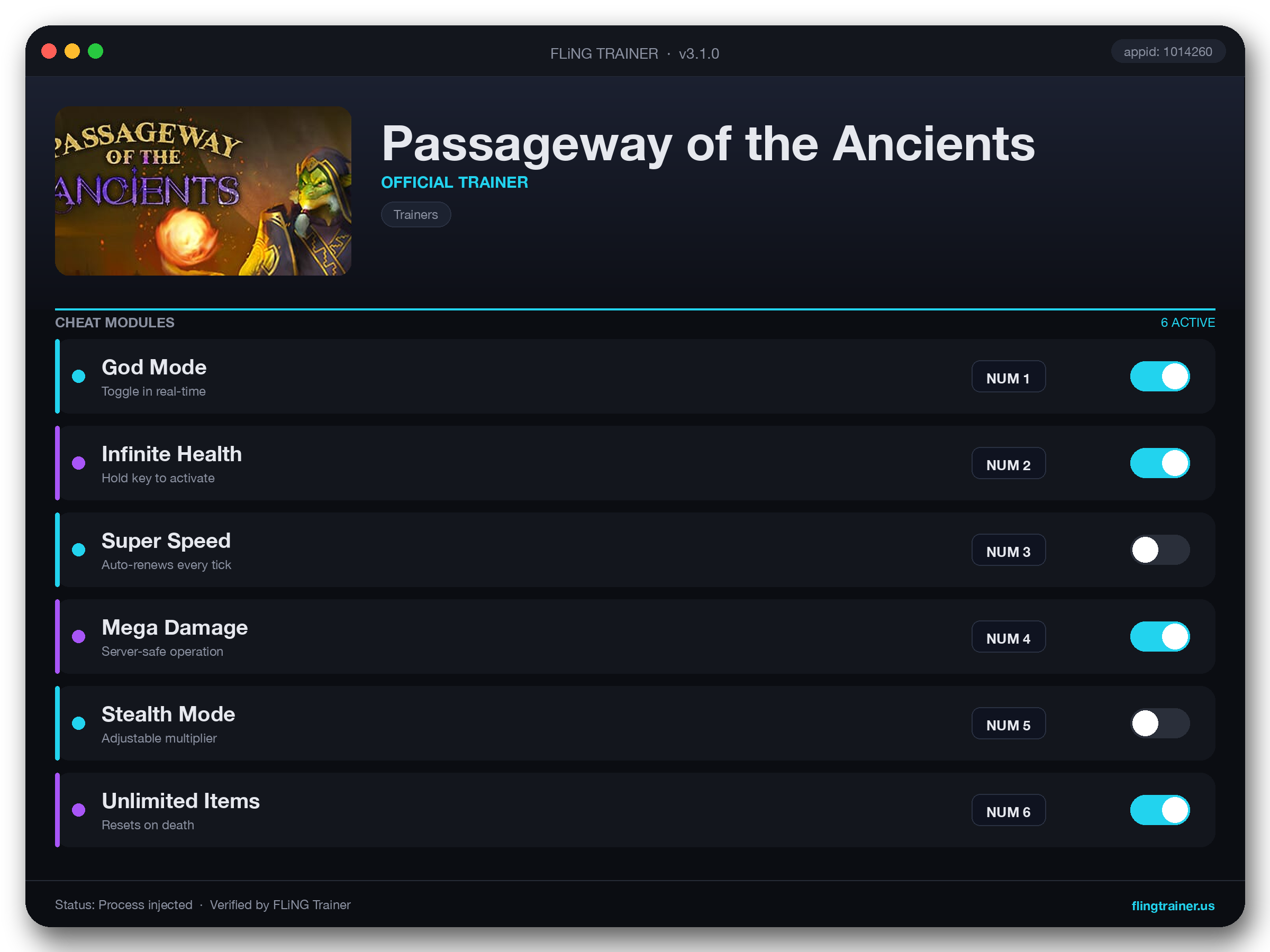 Passageway of the Ancients Trainer interface