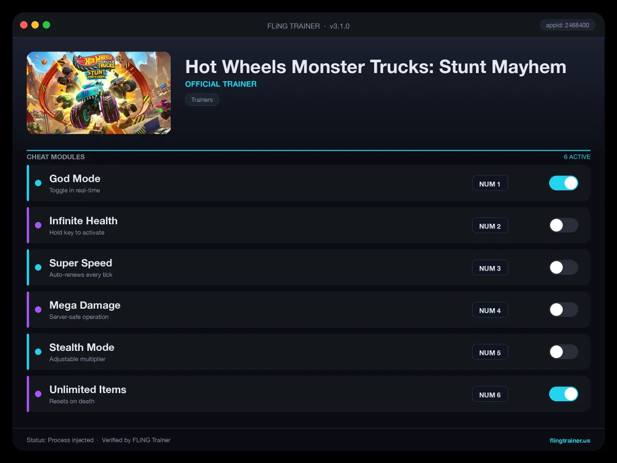 Hot Wheels Monster Trucks: Stunt Mayhem Trainer interface