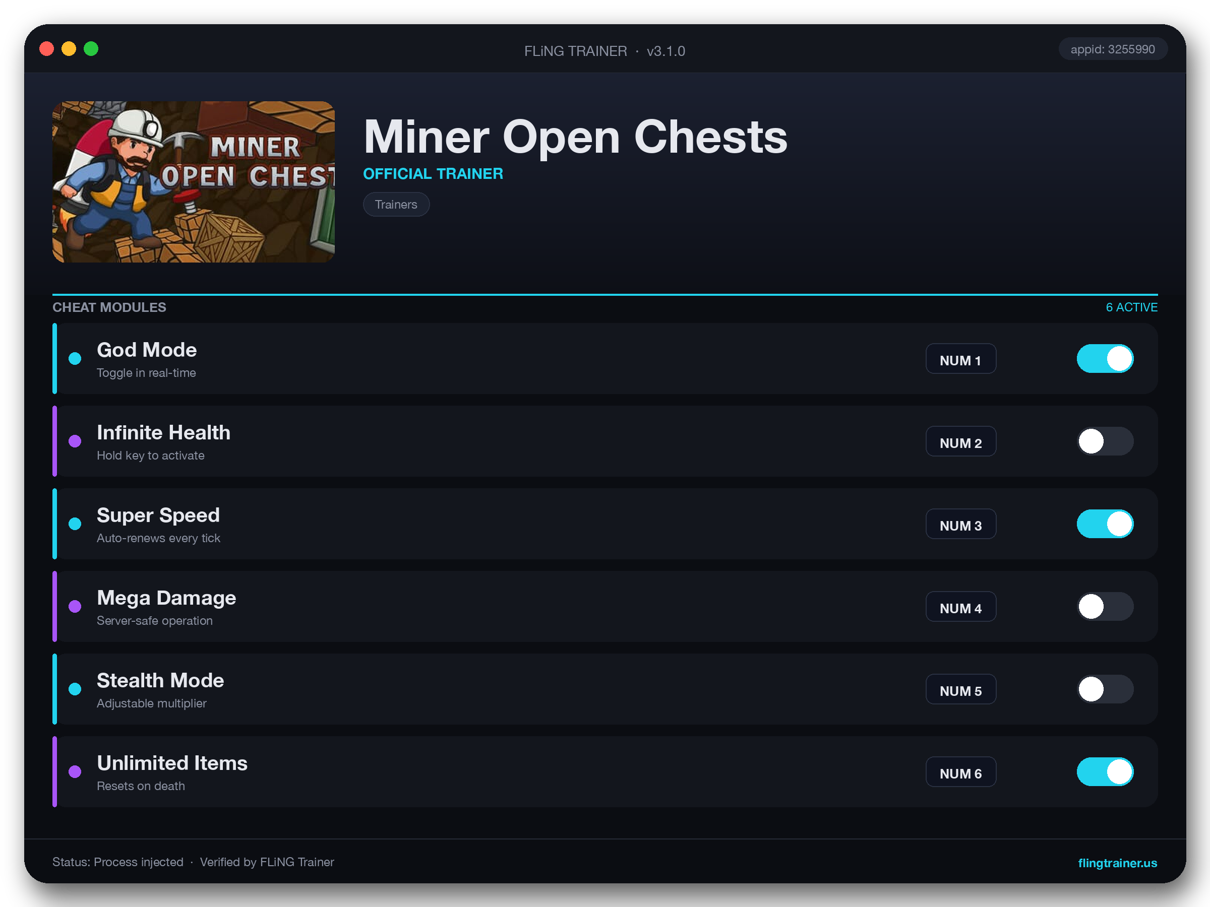 Miner Open Chests Trainer interface