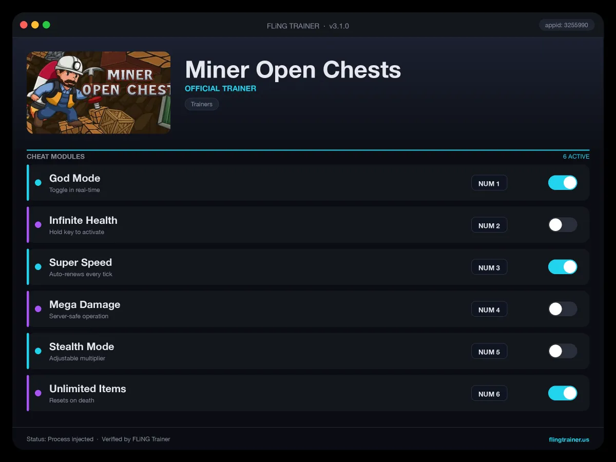 Miner Open Chests Trainer interface