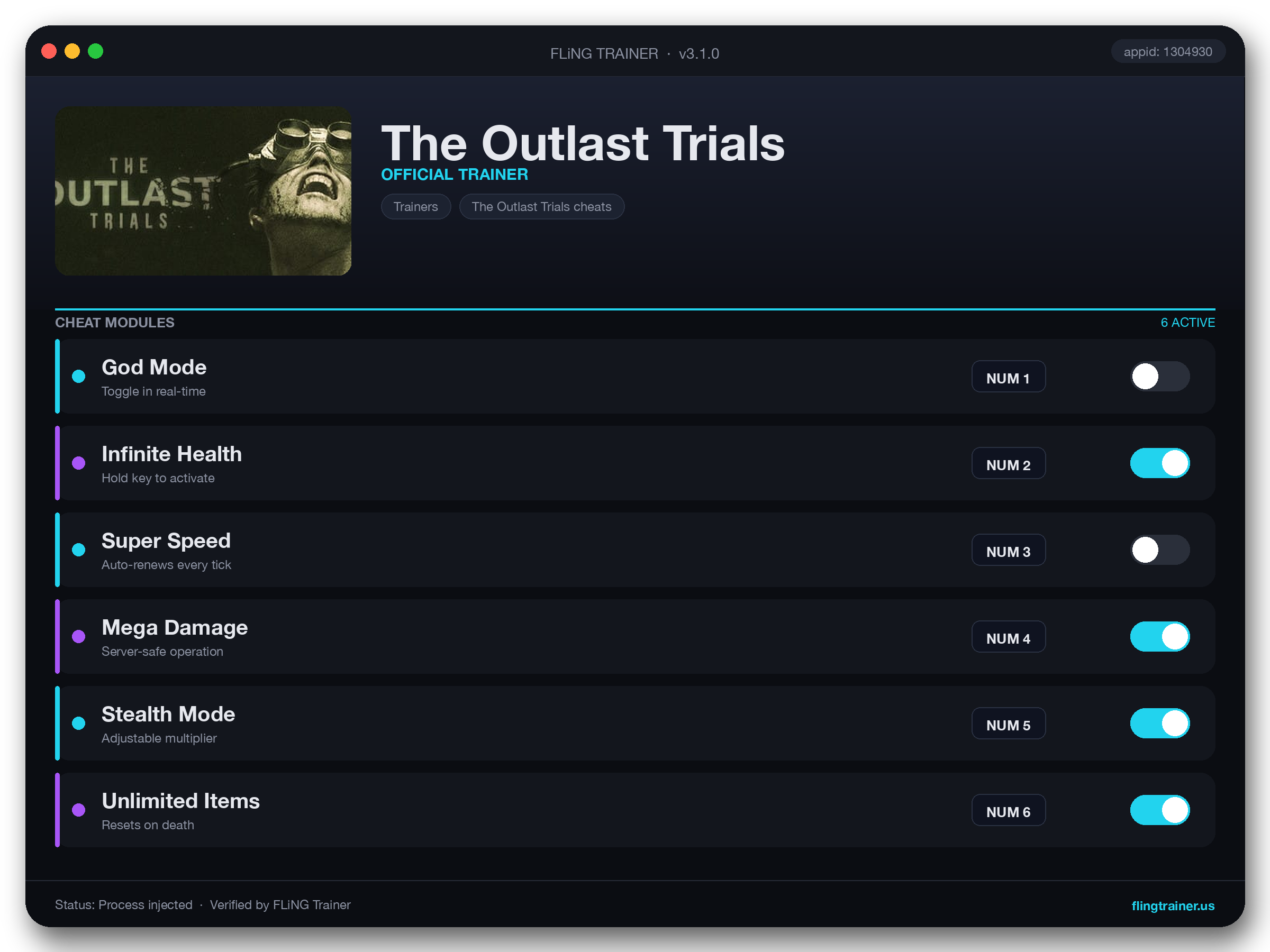 The Outlast Trials Trainer interface