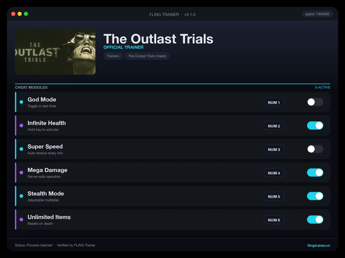 The Outlast Trials Trainer interface