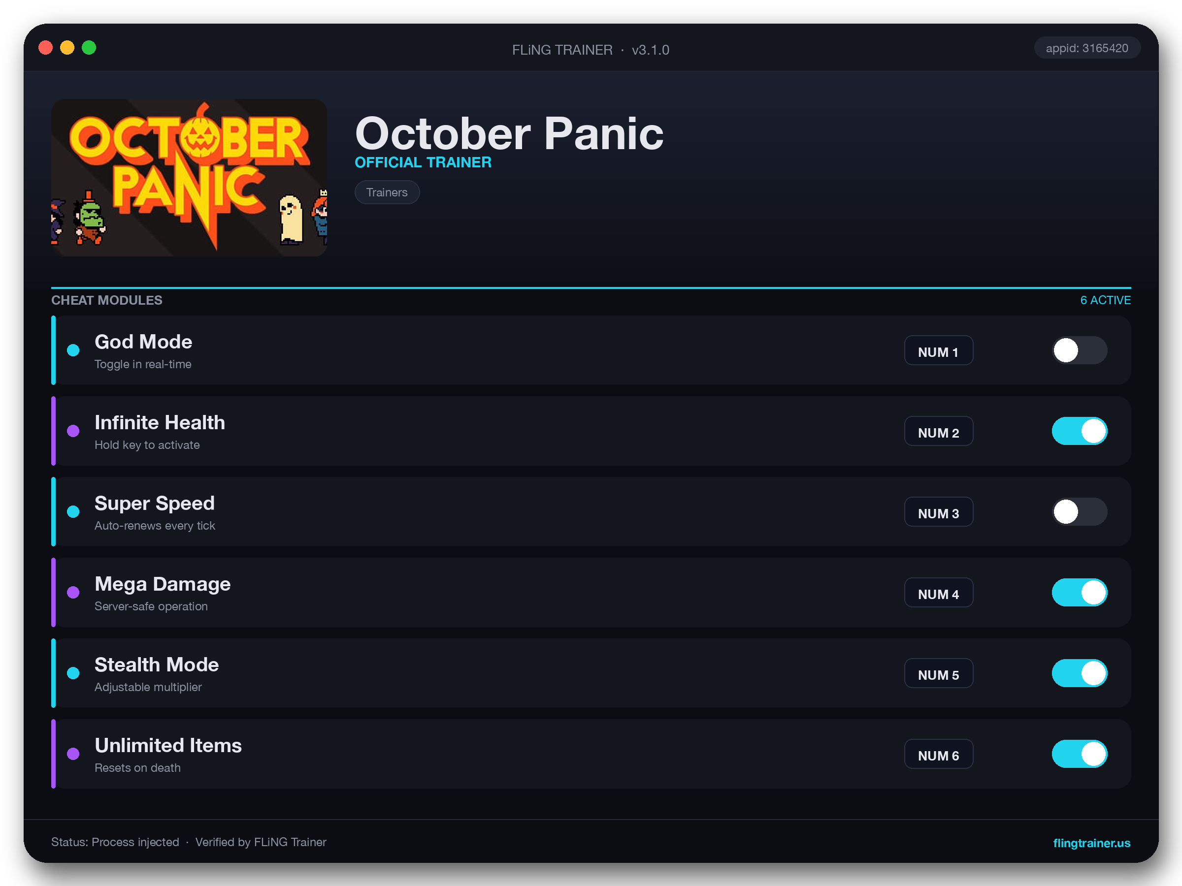 October Panic Trainer interface