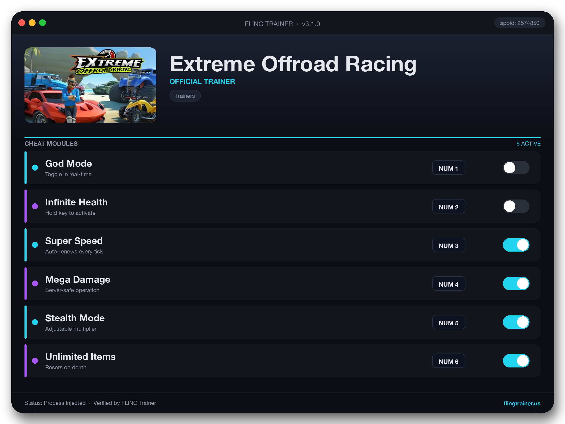 Extreme Offroad Racing Trainer interface
