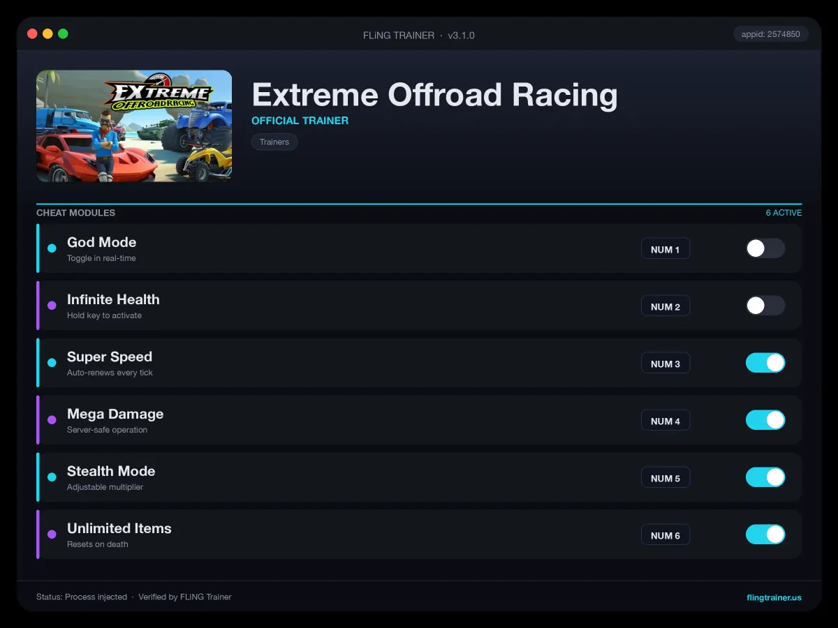 Extreme Offroad Racing Trainer interface
