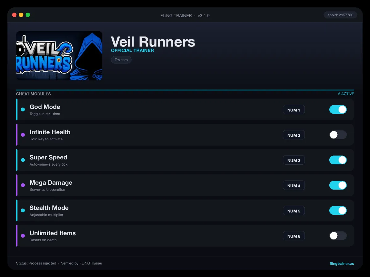 Veil Runners Trainer interface