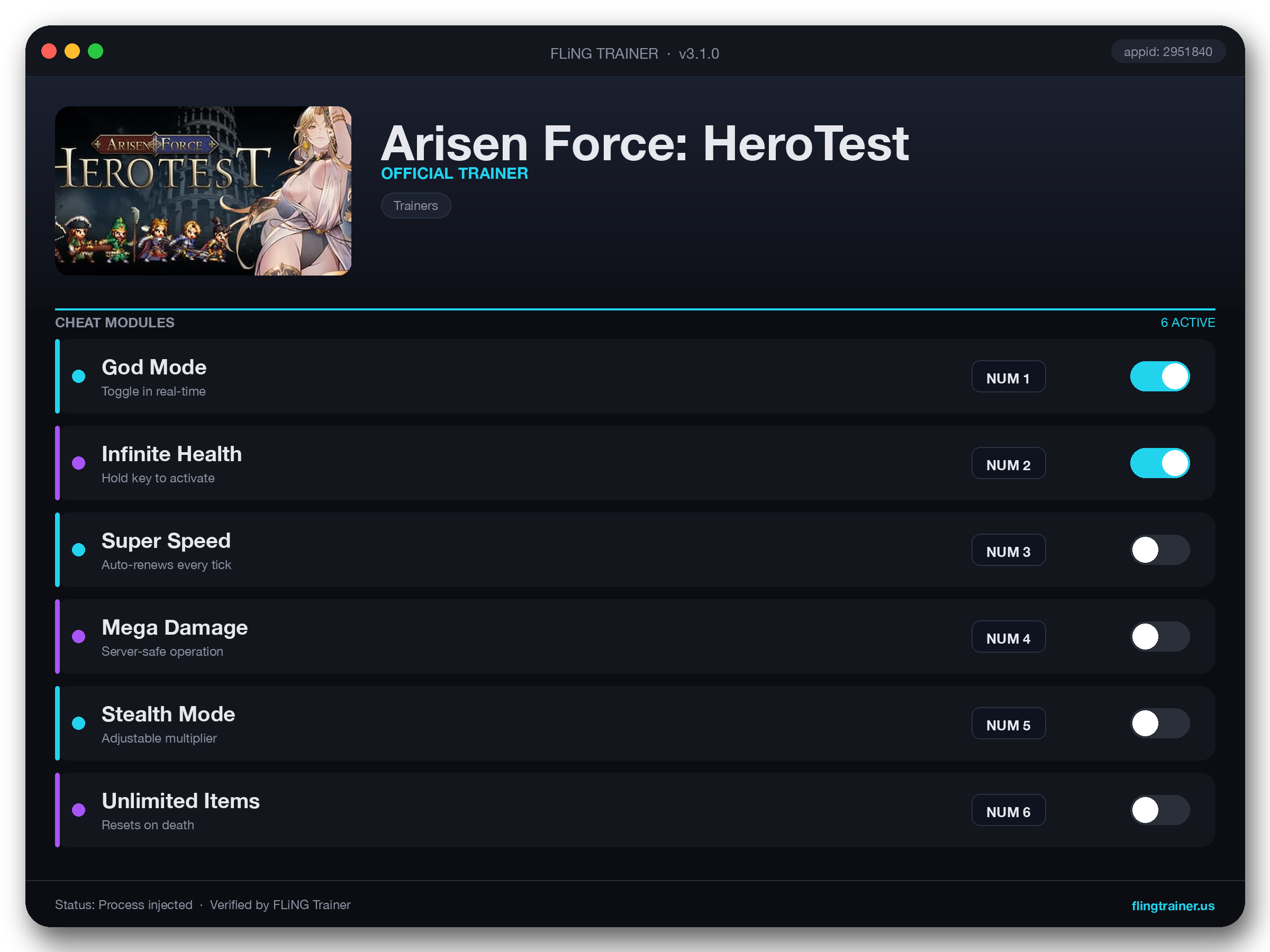Arisen Force: HeroTest Trainer interface