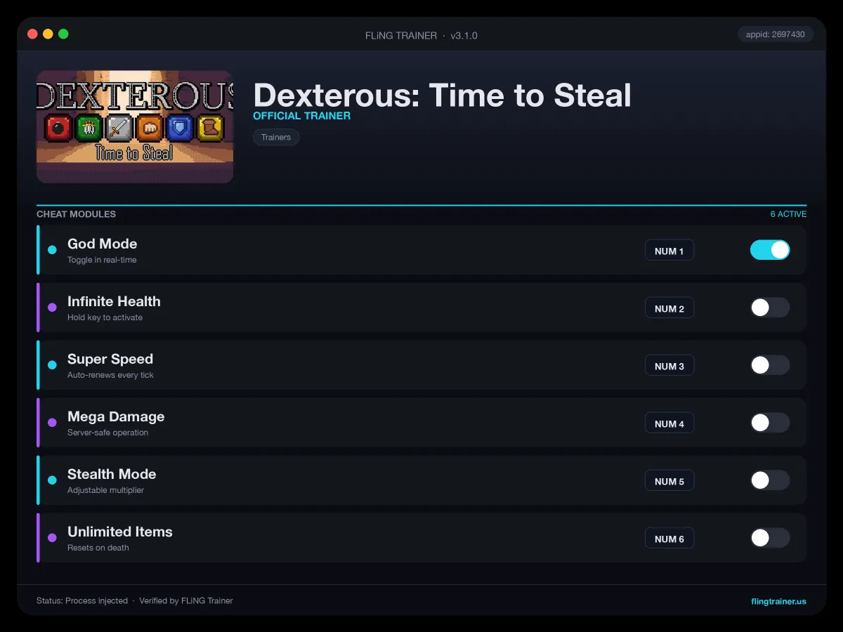 Dexterous: Time to Steal Trainer interface