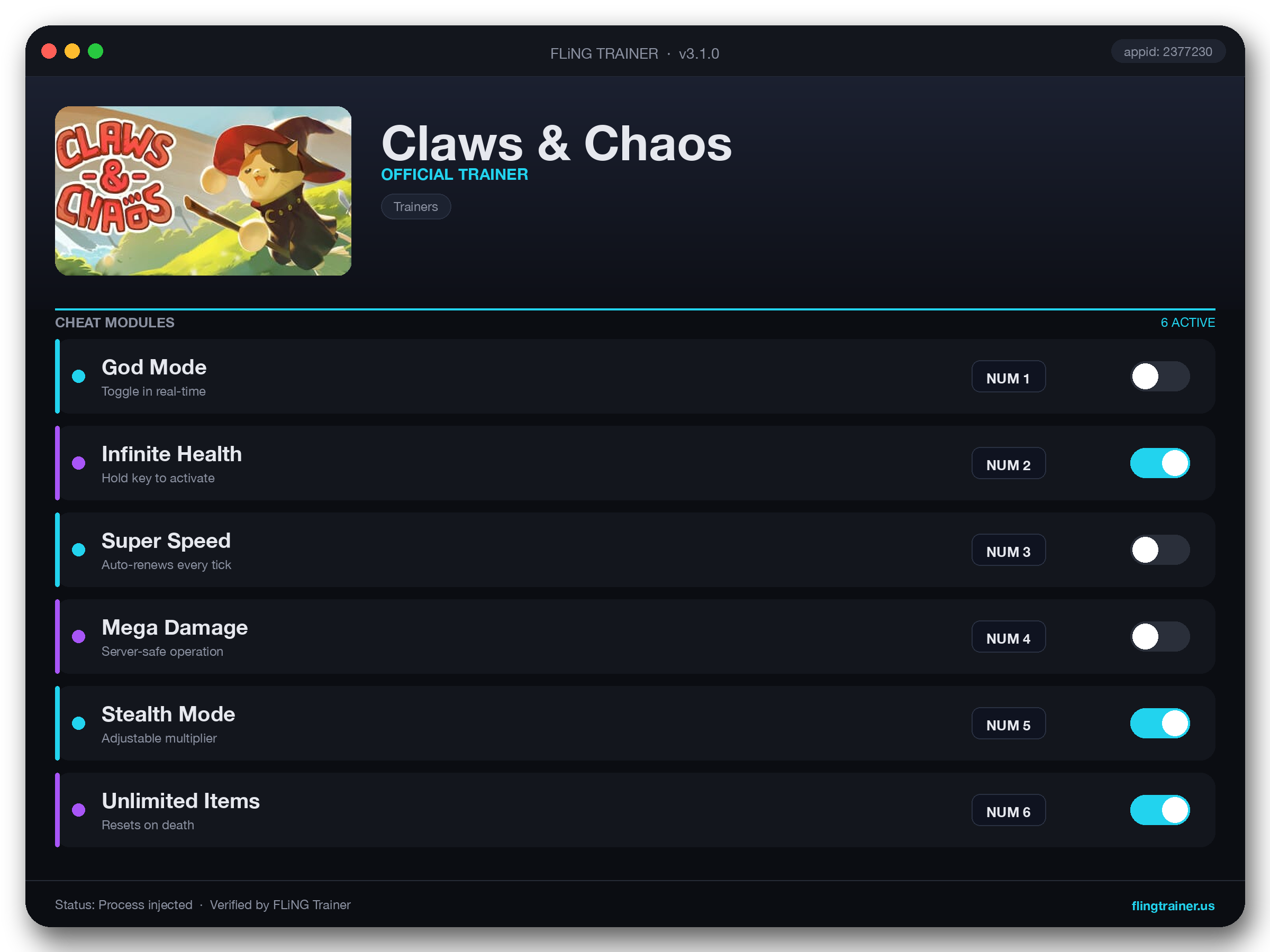 Claws & Chaos Trainer interface