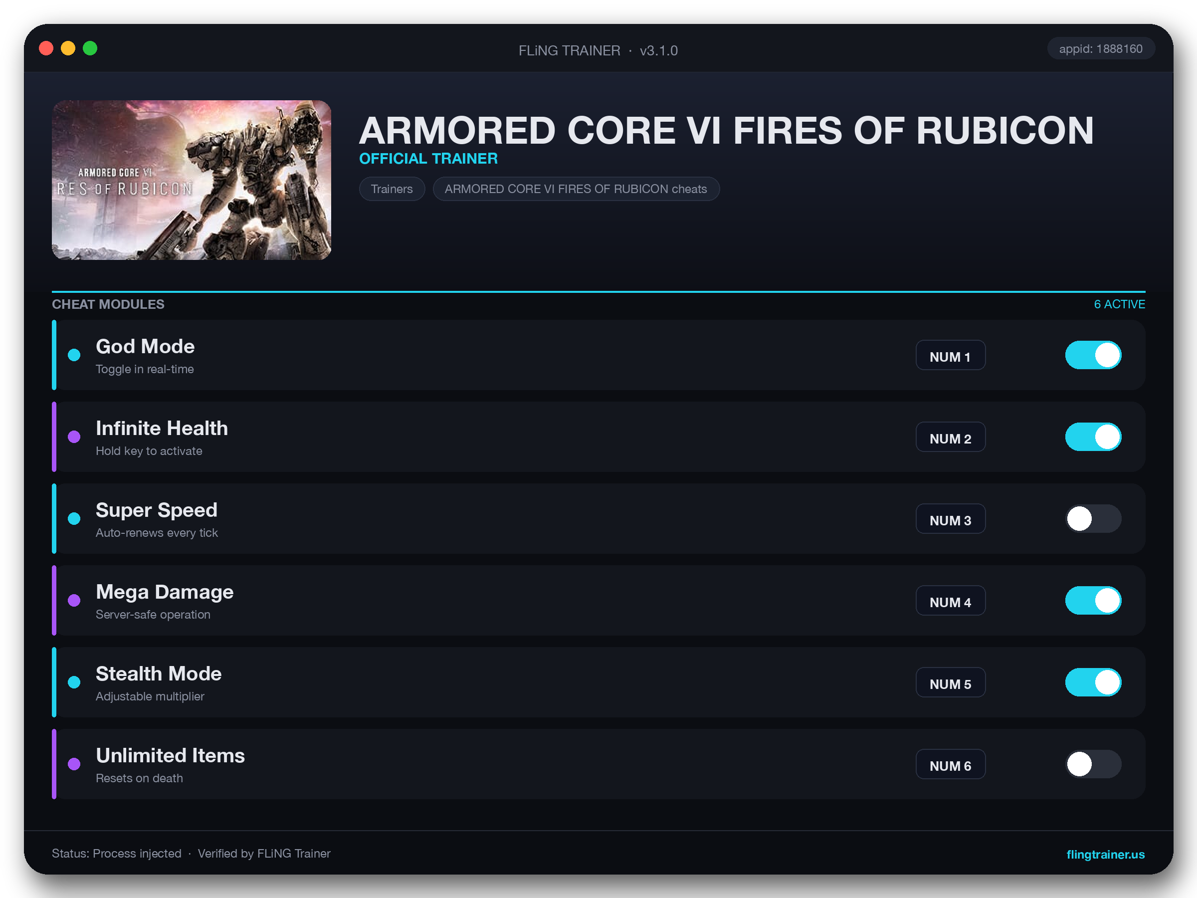 ARMORED CORE VI FIRES OF RUBICON Trainer interface