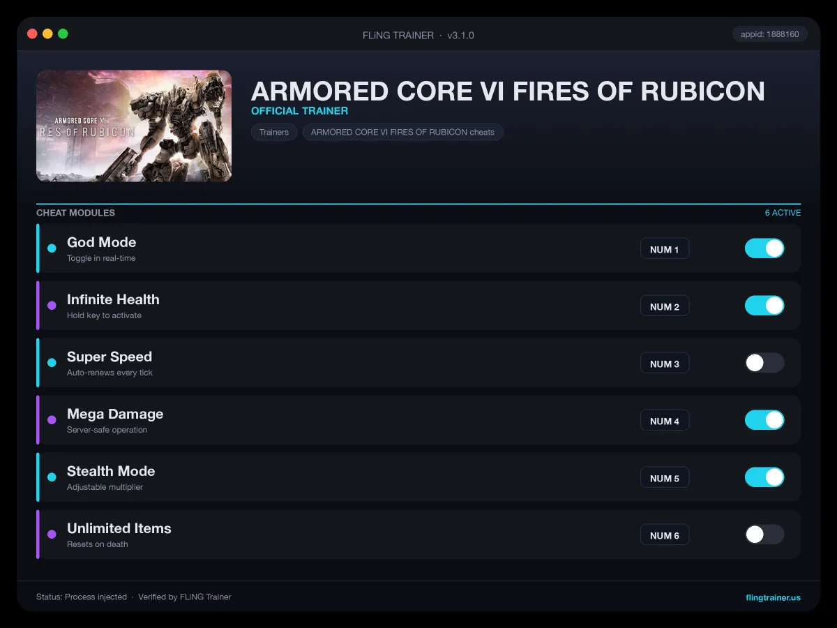ARMORED CORE VI FIRES OF RUBICON Trainer interface