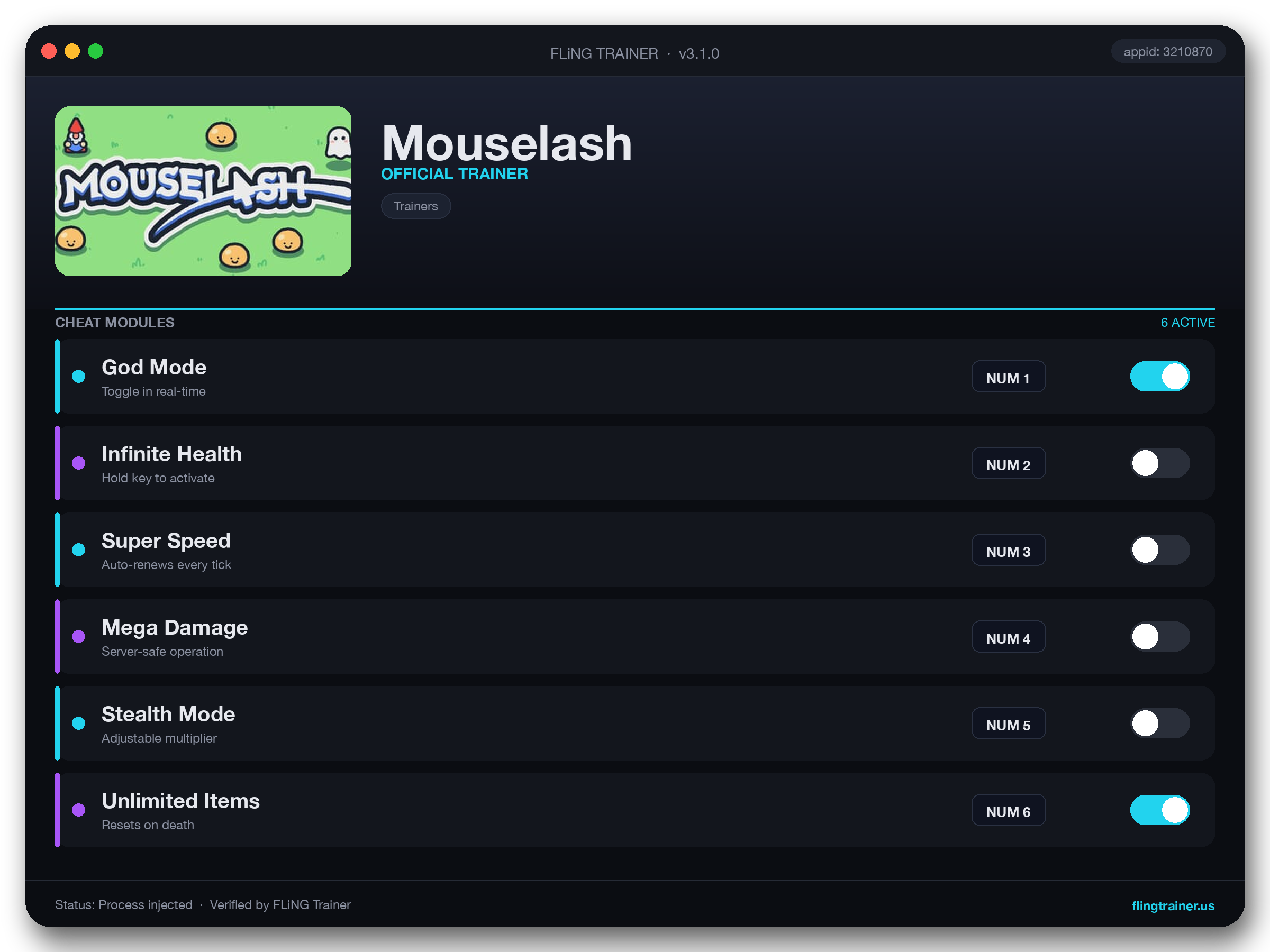 Mouselash Trainer interface